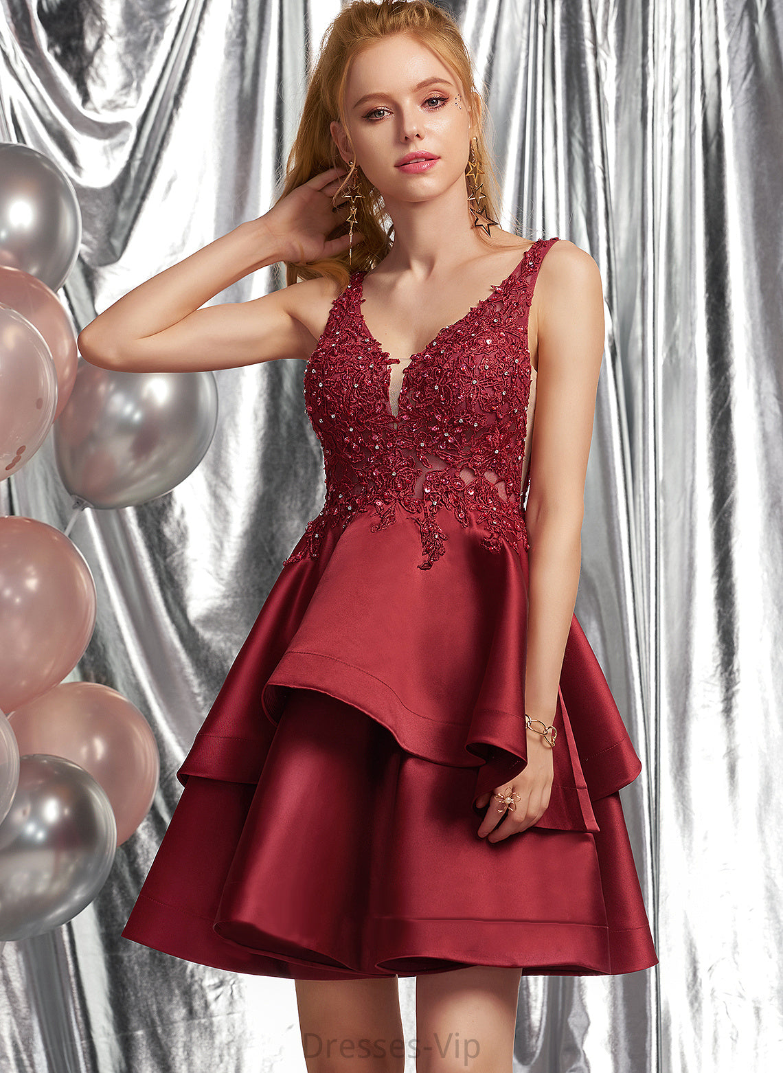 V-neck With Lace A-Line Dress Sequins Satin Short/Mini Beading Homecoming Dresses Homecoming Jade