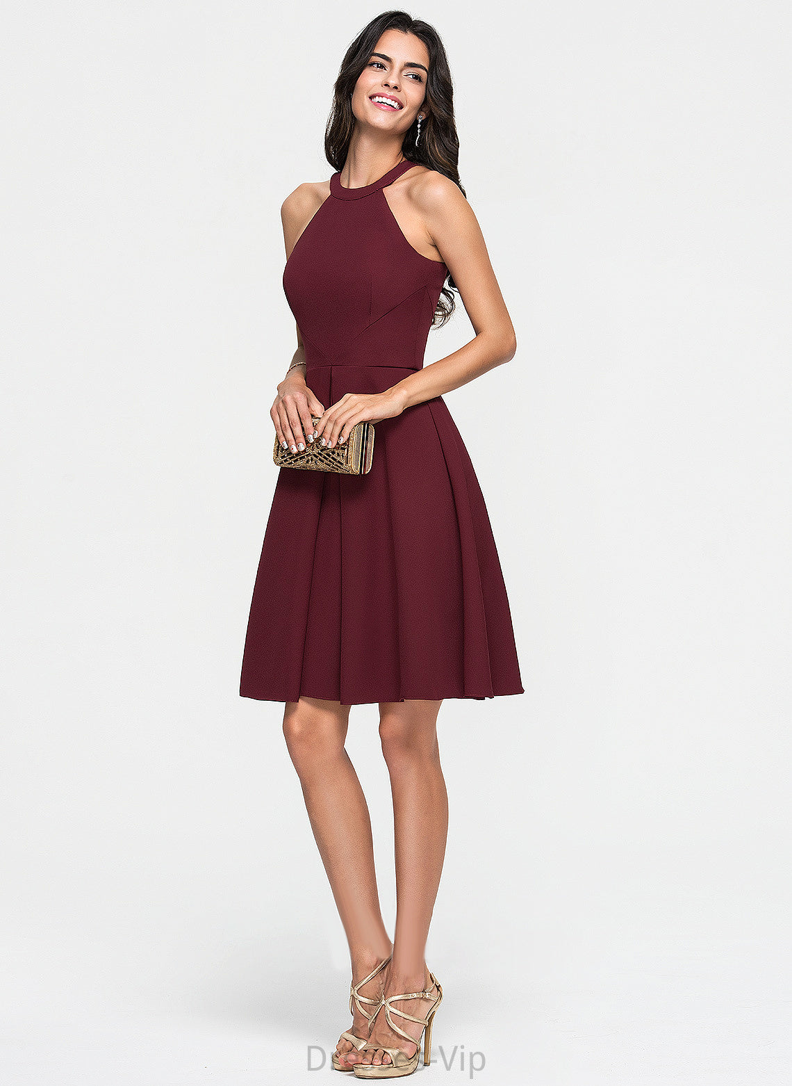 Cocktail Ruffle Crepe Neck Sherlyn Scoop Dress Cocktail Dresses Stretch A-Line With Knee-Length