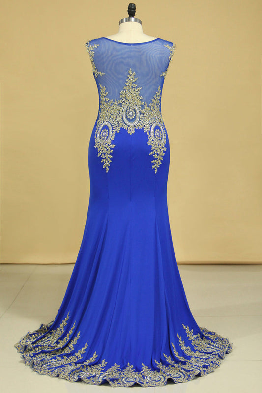 2024 Dark Royal Blue Prom Dresses Scoop Mermaid With Applique Spandex Sweep Train Size 18W