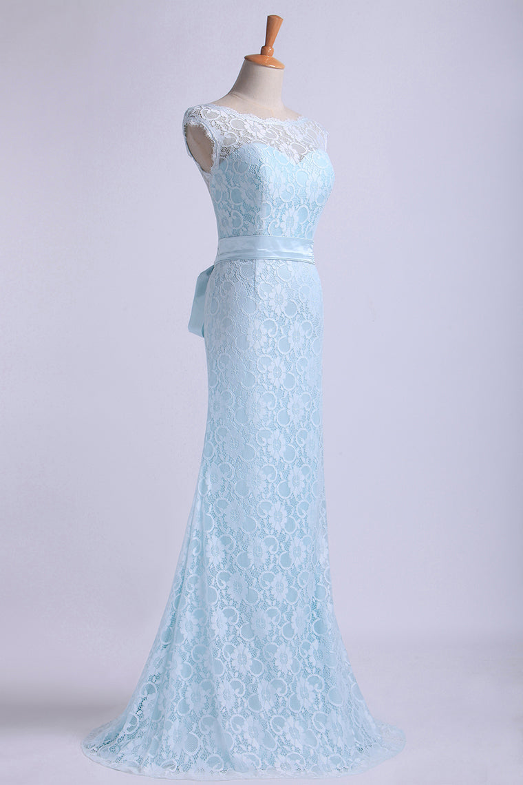 2024 Bateau Prom Dresses Lace Sheath Floor Length With Sash