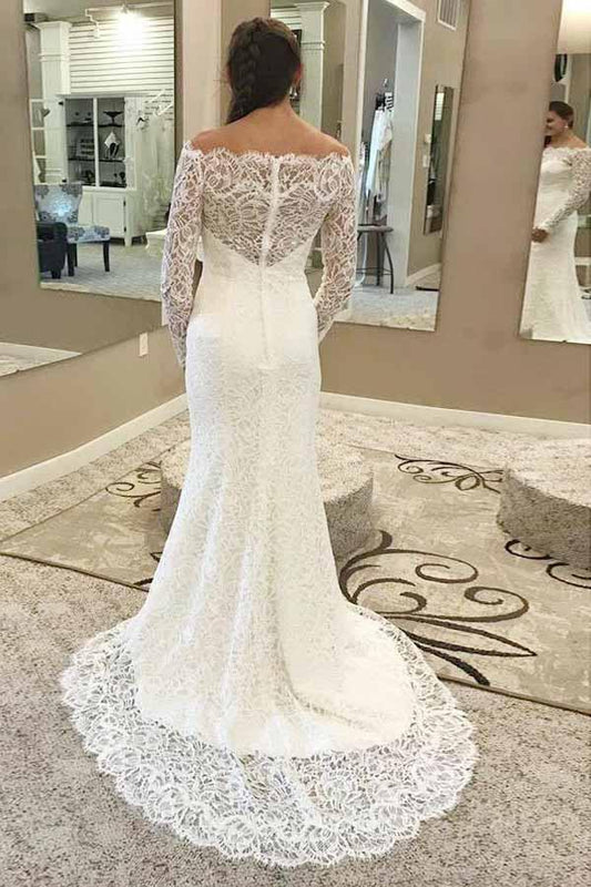 Chic Off the Shoulder Long Sleeves Lace Appliques Sweep Train Wedding Dresses