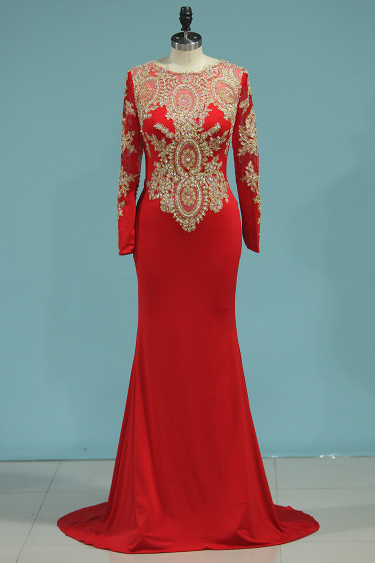 2024 Prom Dresses Mermaid Scoop Long Sleeves Spandex With Applique