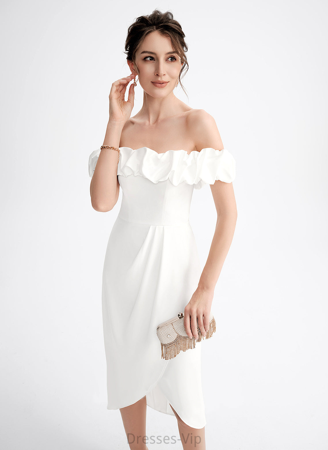 Off-the-Shoulder Crepe Janessa Ruffle Asymmetrical Cocktail Dresses With Stretch Cocktail Dress