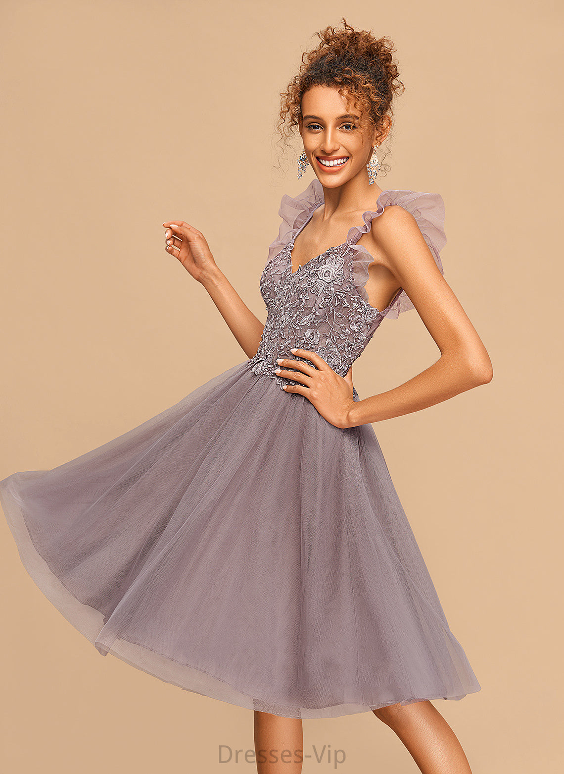 Tulle Homecoming V-neck A-Line Cascading Monique Dress Knee-Length Lace With Homecoming Dresses Ruffles