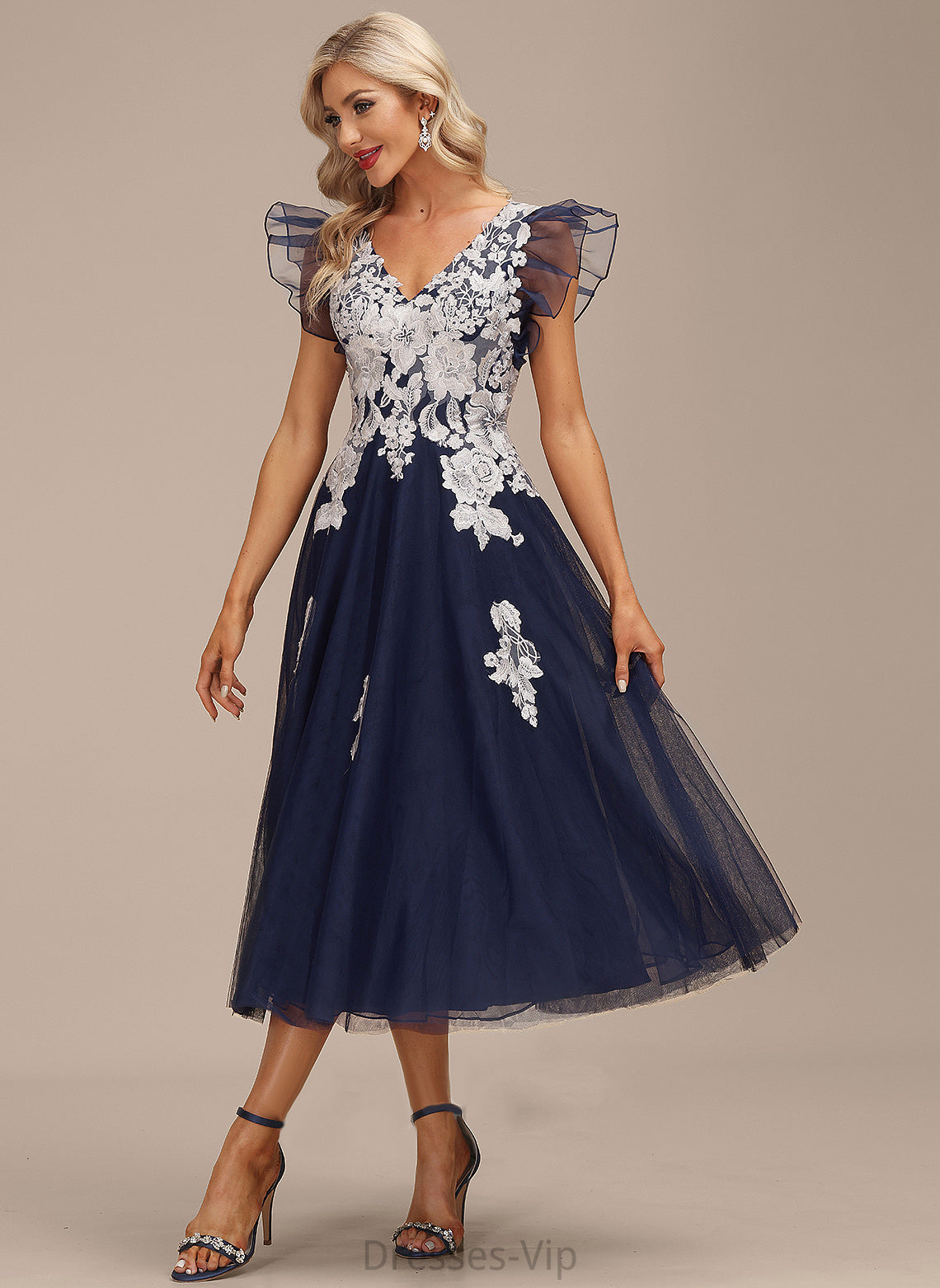 Brenda Cocktail Tea-Length Organza With V-neck Dress Cocktail Dresses A-Line Lace Appliques