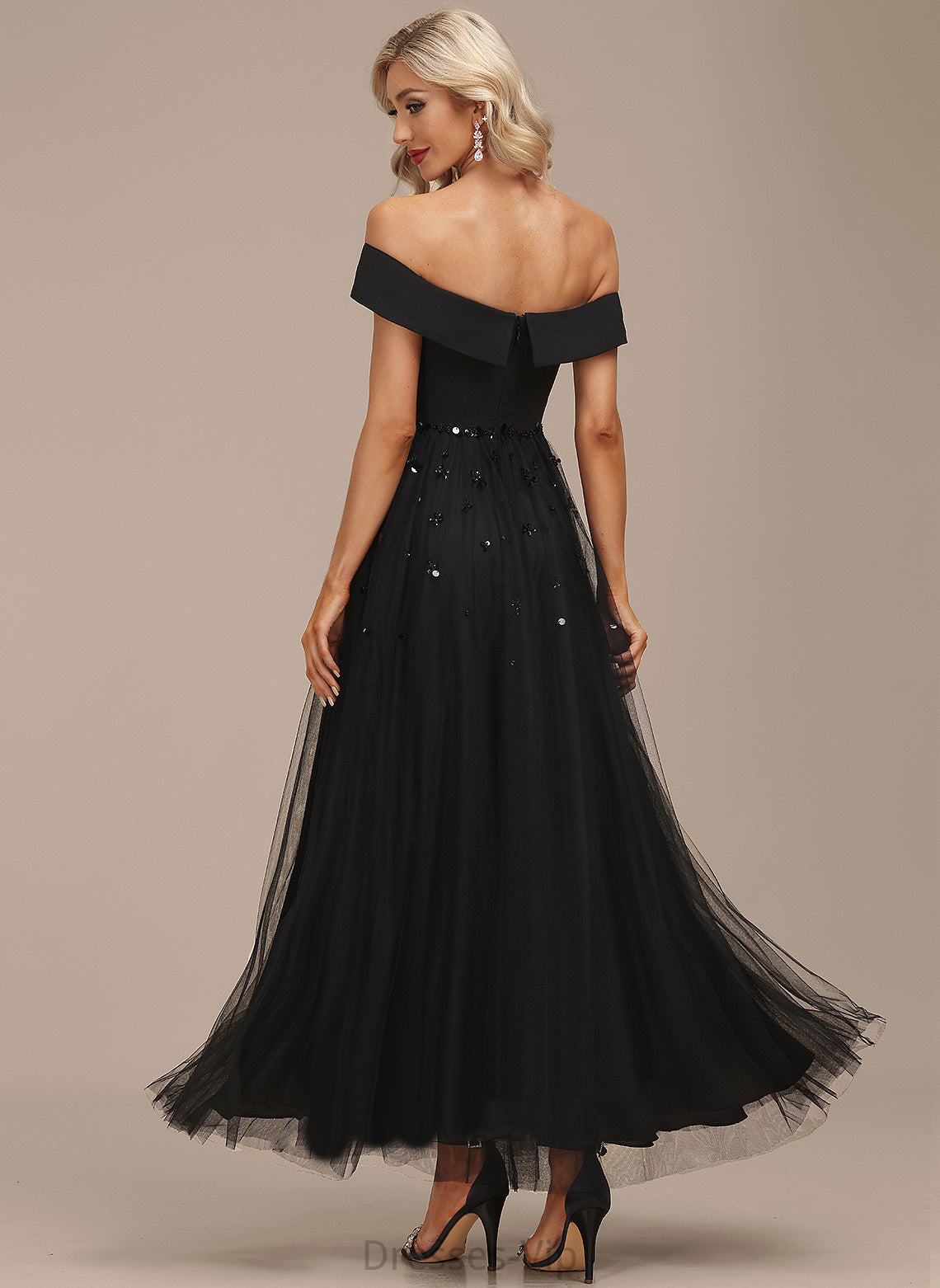 Dress Cocktail Joanna Chiffon Ankle-Length Tulle Off-the-Shoulder Sequins Beading A-Line Cocktail Dresses With