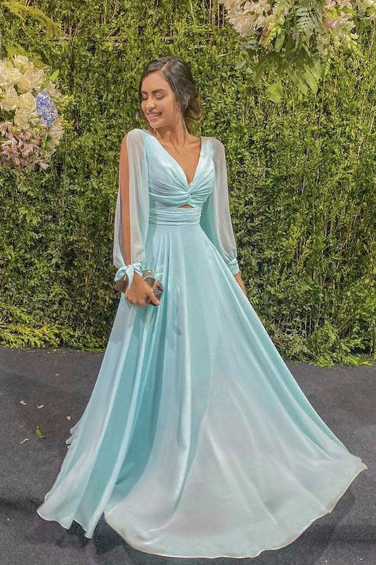 Mint Green Unique A-Line Simple Evening Dresses Long Sleeves Prom Dresses