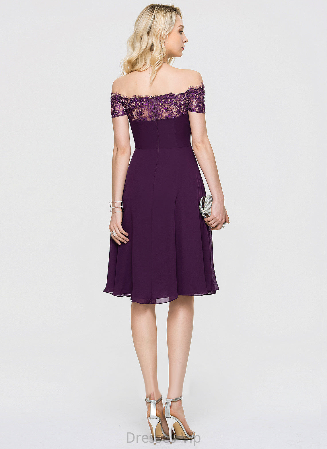 With Off-the-Shoulder Lace Knee-Length Cocktail Dresses Dress A-Line Cocktail Emilie Lace Beading Chiffon