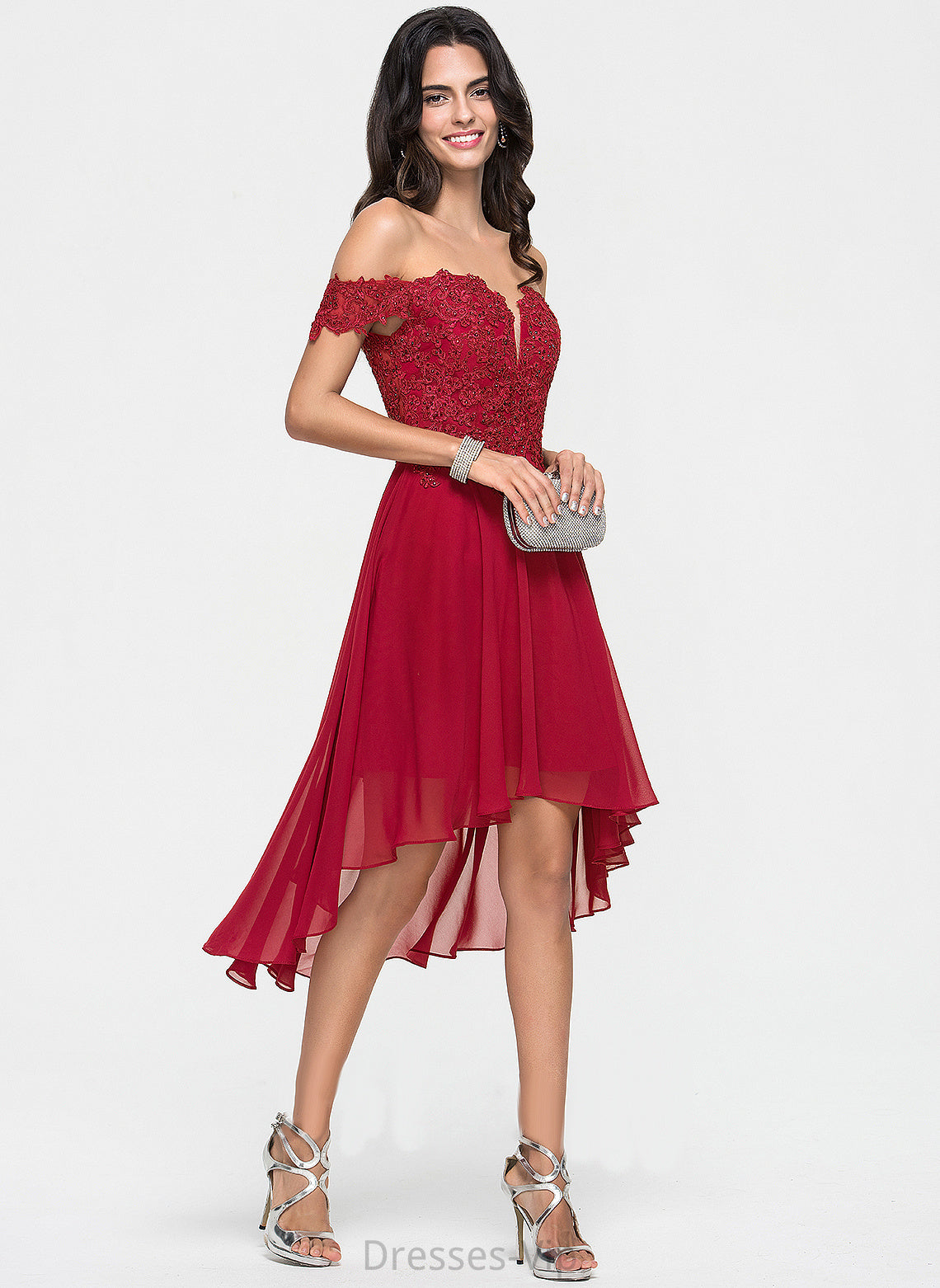 Cocktail With Cocktail Dresses Chiffon Asymmetrical Lace Payton Beading Dress Off-the-Shoulder A-Line