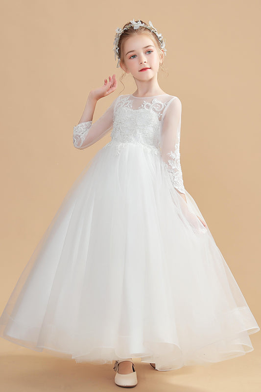 Elegant Long Sleeves Ivory Tulle Flower Girl Dresses With Lace