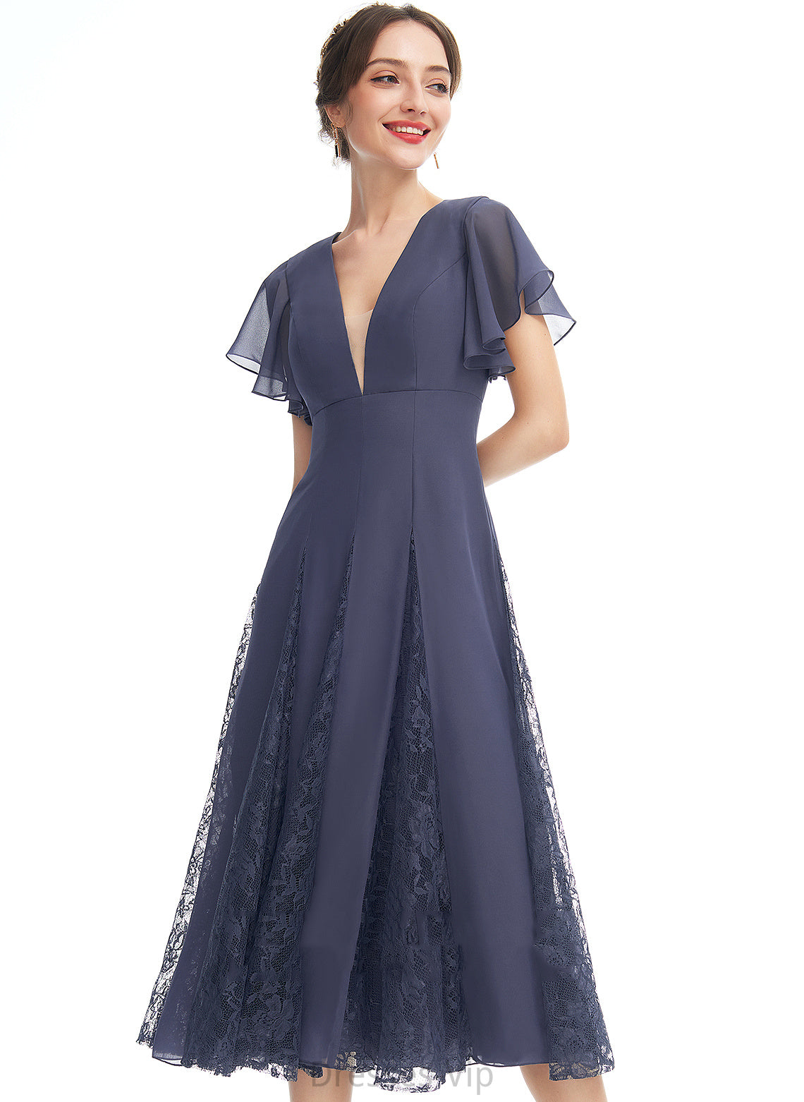 Cocktail A-Line Knee-Length Ruffle With Chiffon Janice Cocktail Dresses Dress Lace V-neck