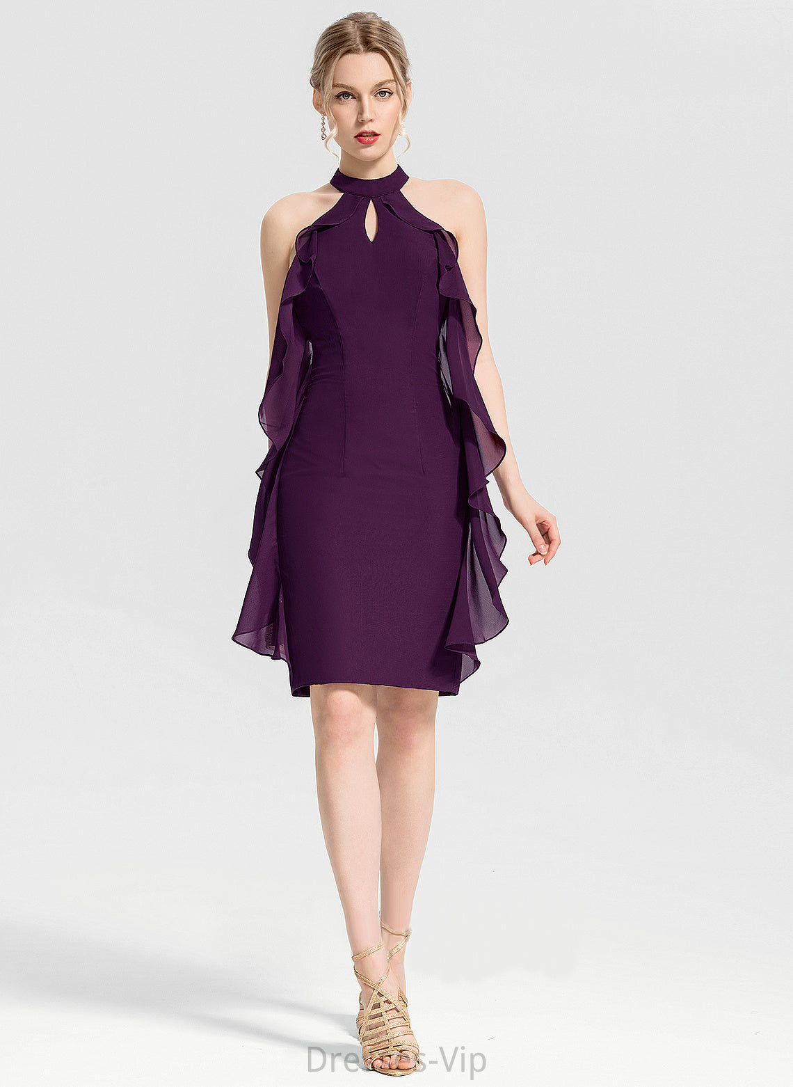 Scoop Cocktail With Cascading Elizabeth Neck Sheath/Column Chiffon Ruffles Cocktail Dresses Knee-Length Dress