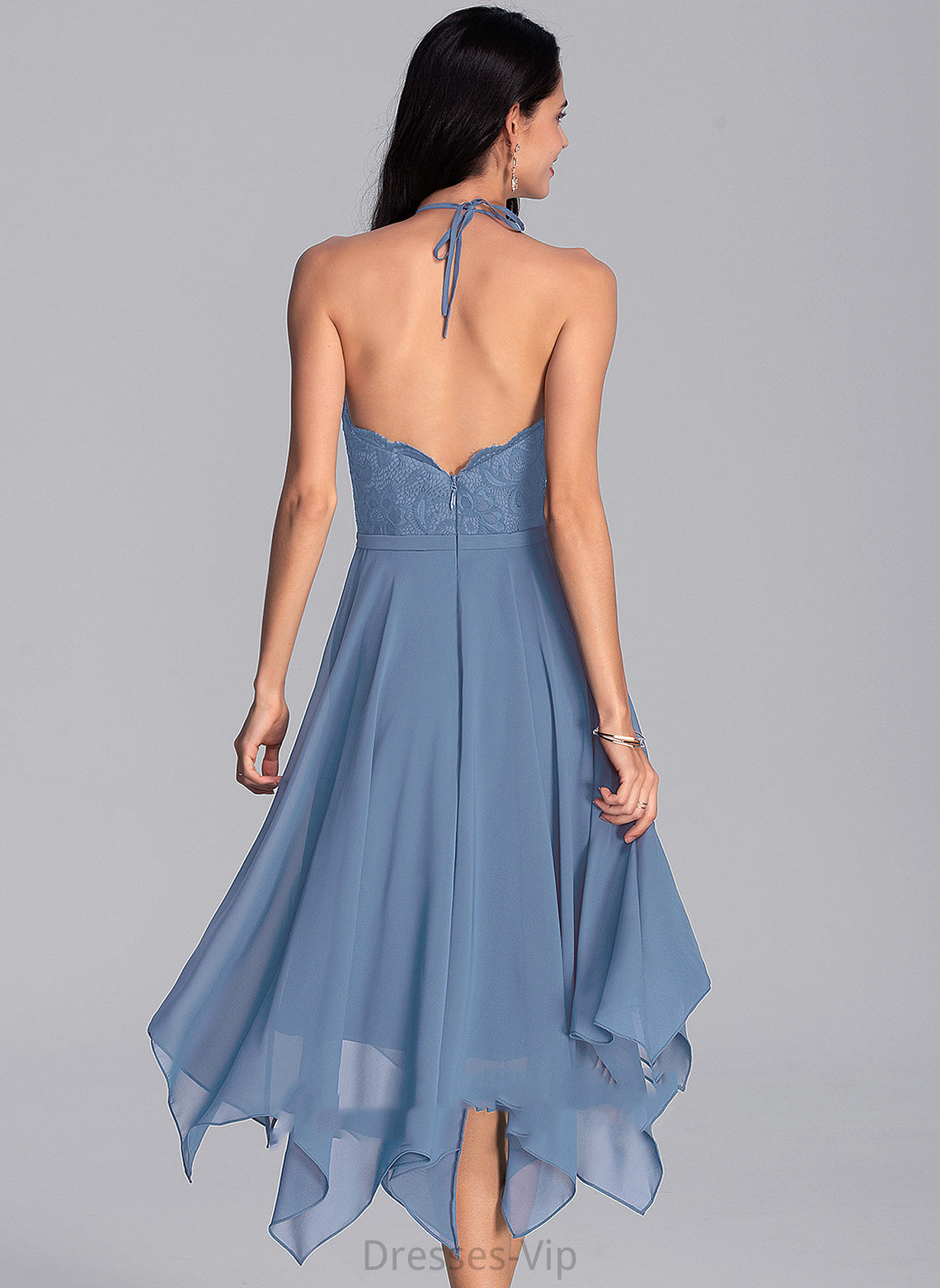 Asymmetrical A-Line Halter With Chiffon Dress Lace Homecoming Haylee Homecoming Dresses