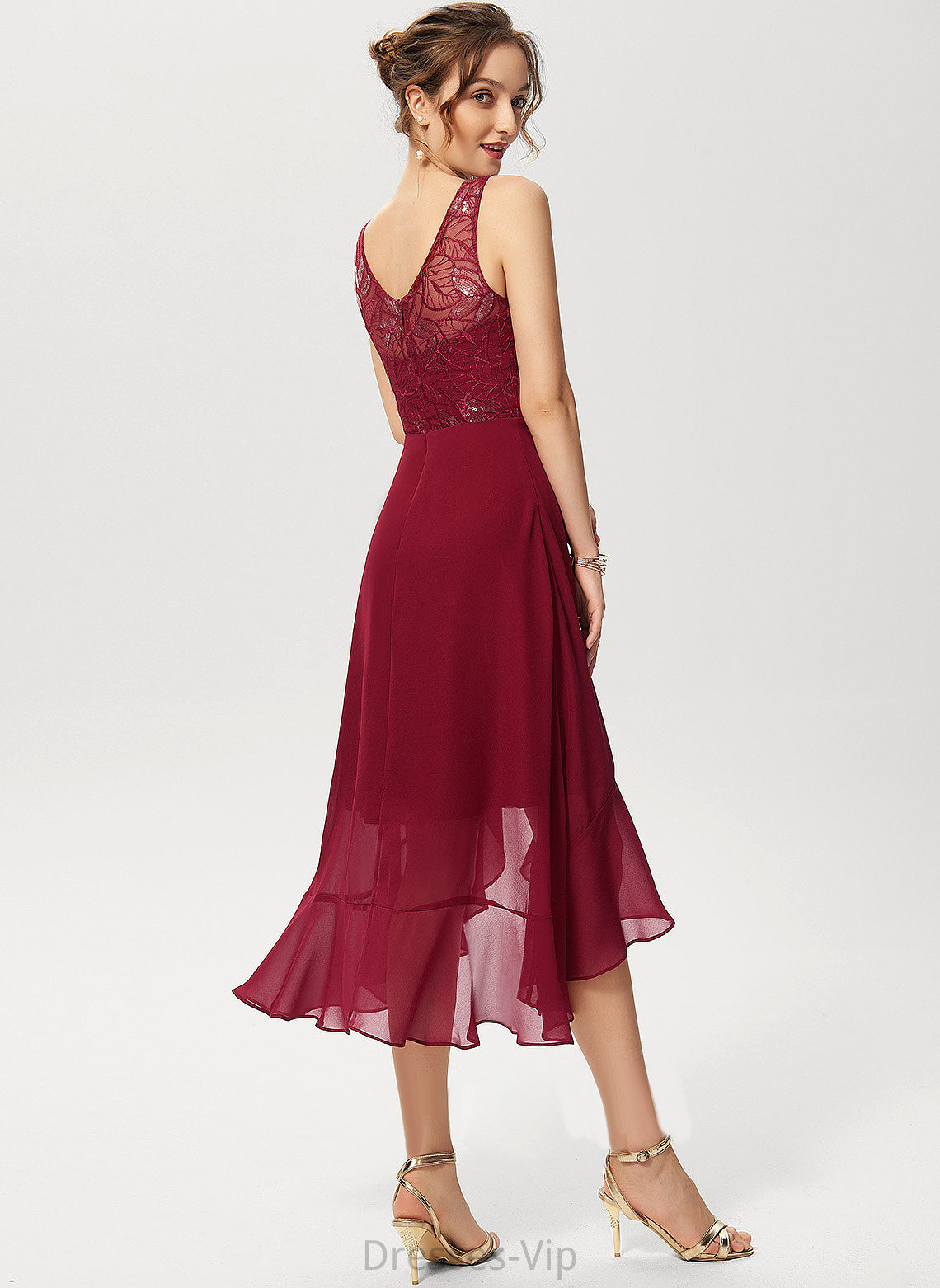 Ruffles Cocktail Dresses Asymmetrical Neck Cascading Lace Sequins Mercedes Chiffon Cocktail Dress Scoop A-Line With