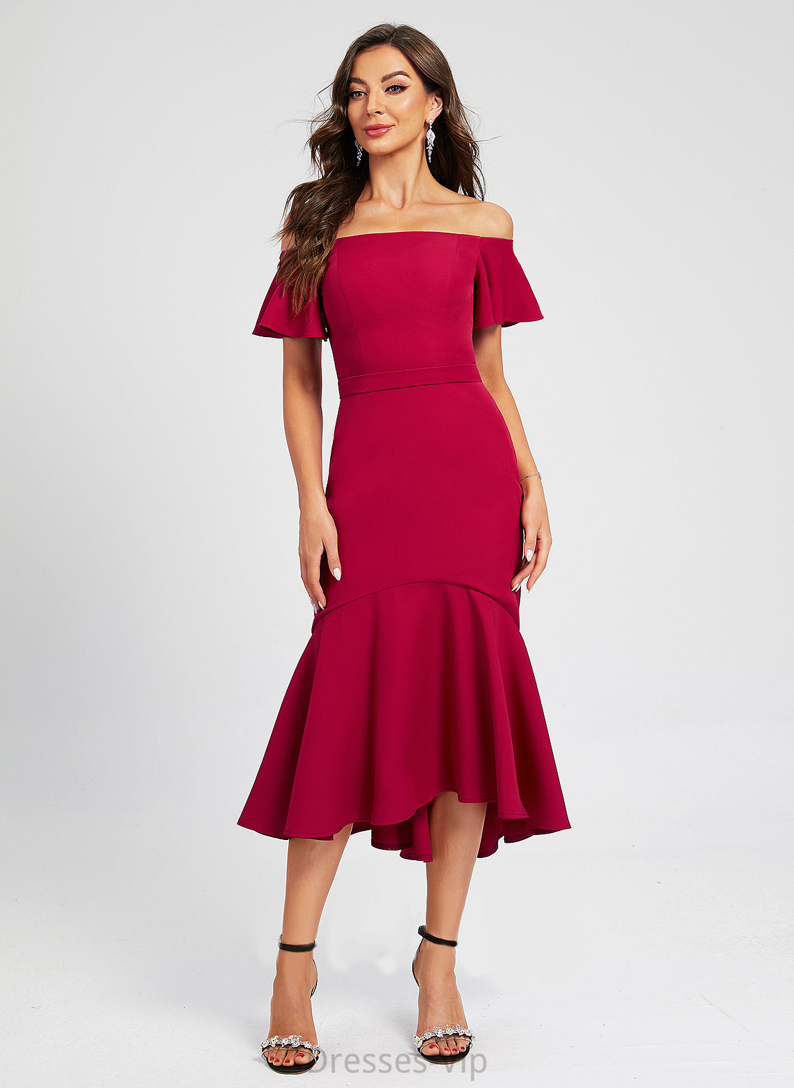 Trumpet/Mermaid Ruffle Crepe With Dress Off-the-Shoulder Stretch Cocktail Dresses Cocktail Pru Asymmetrical