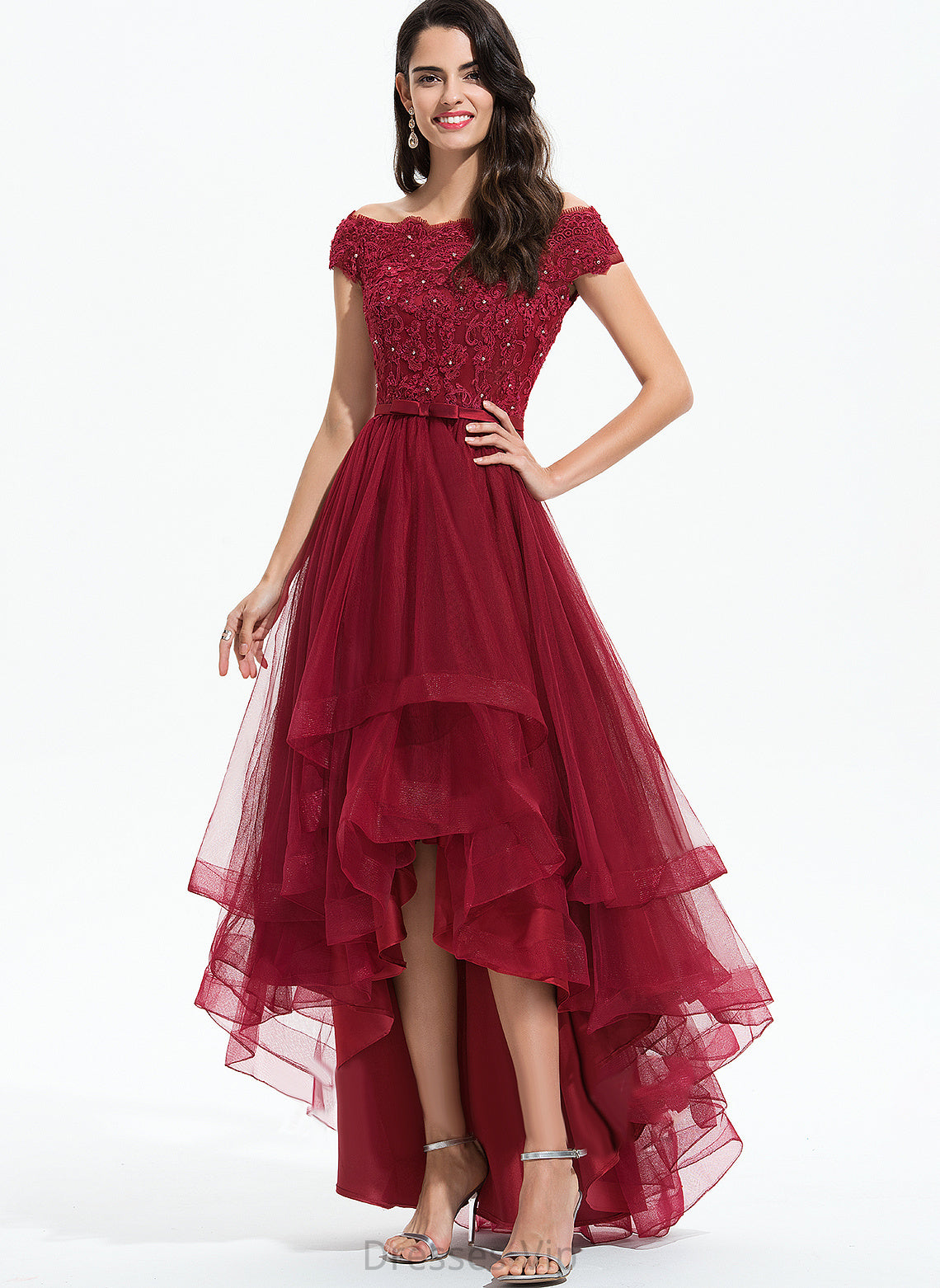 Brylee Off-the-Shoulder Lace Tulle Asymmetrical Bow(s) Beading Dress With Cocktail A-Line Lace Cocktail Dresses