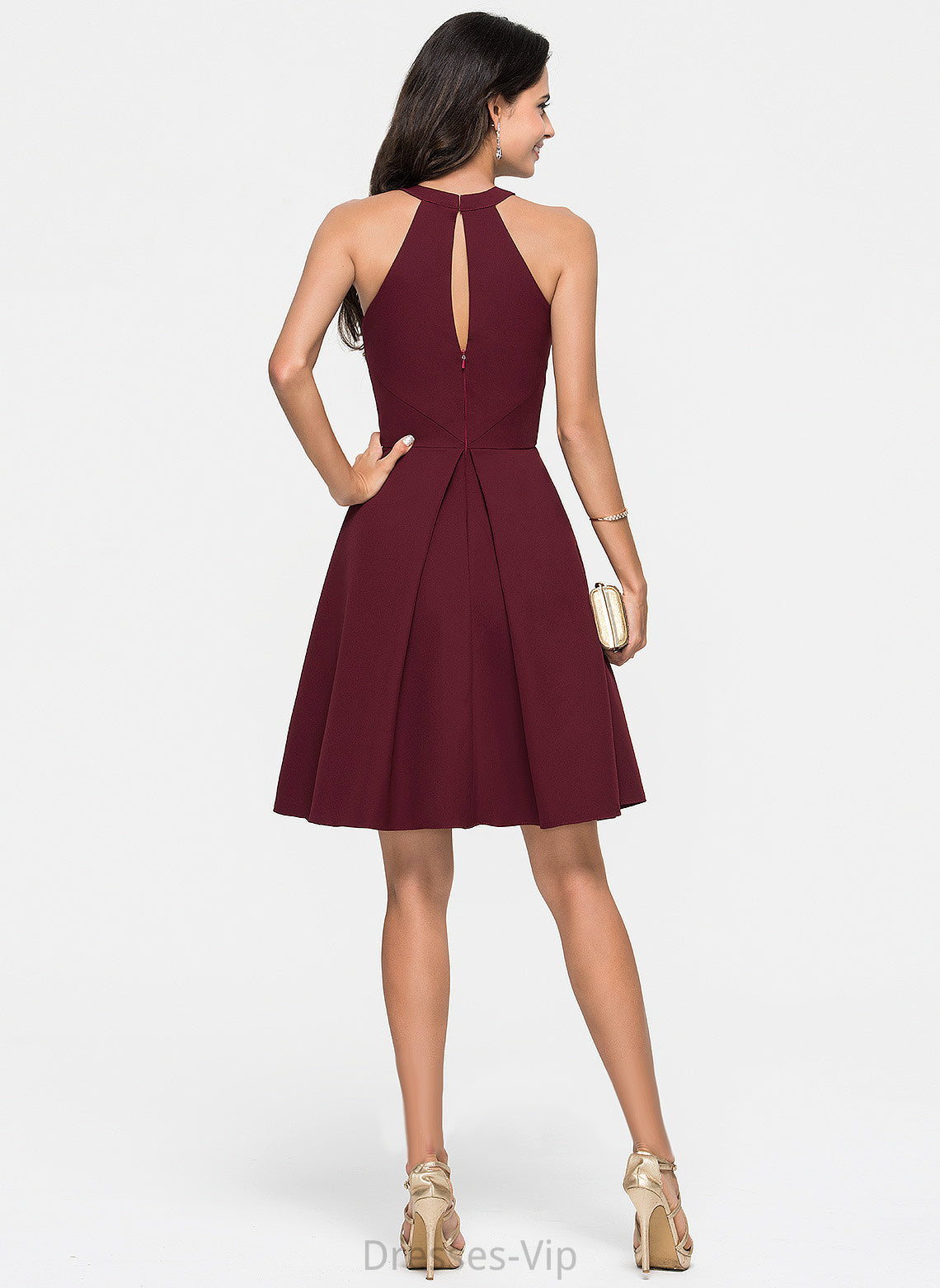 Cocktail Ruffle Crepe Neck Sherlyn Scoop Dress Cocktail Dresses Stretch A-Line With Knee-Length