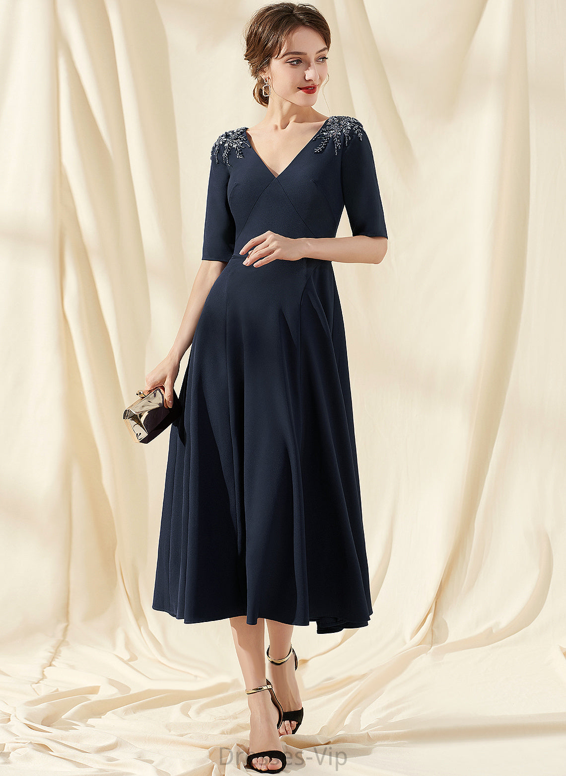 Crepe A-Line Beading Jackie Dress Cocktail Tea-Length With Stretch V-neck Cocktail Dresses