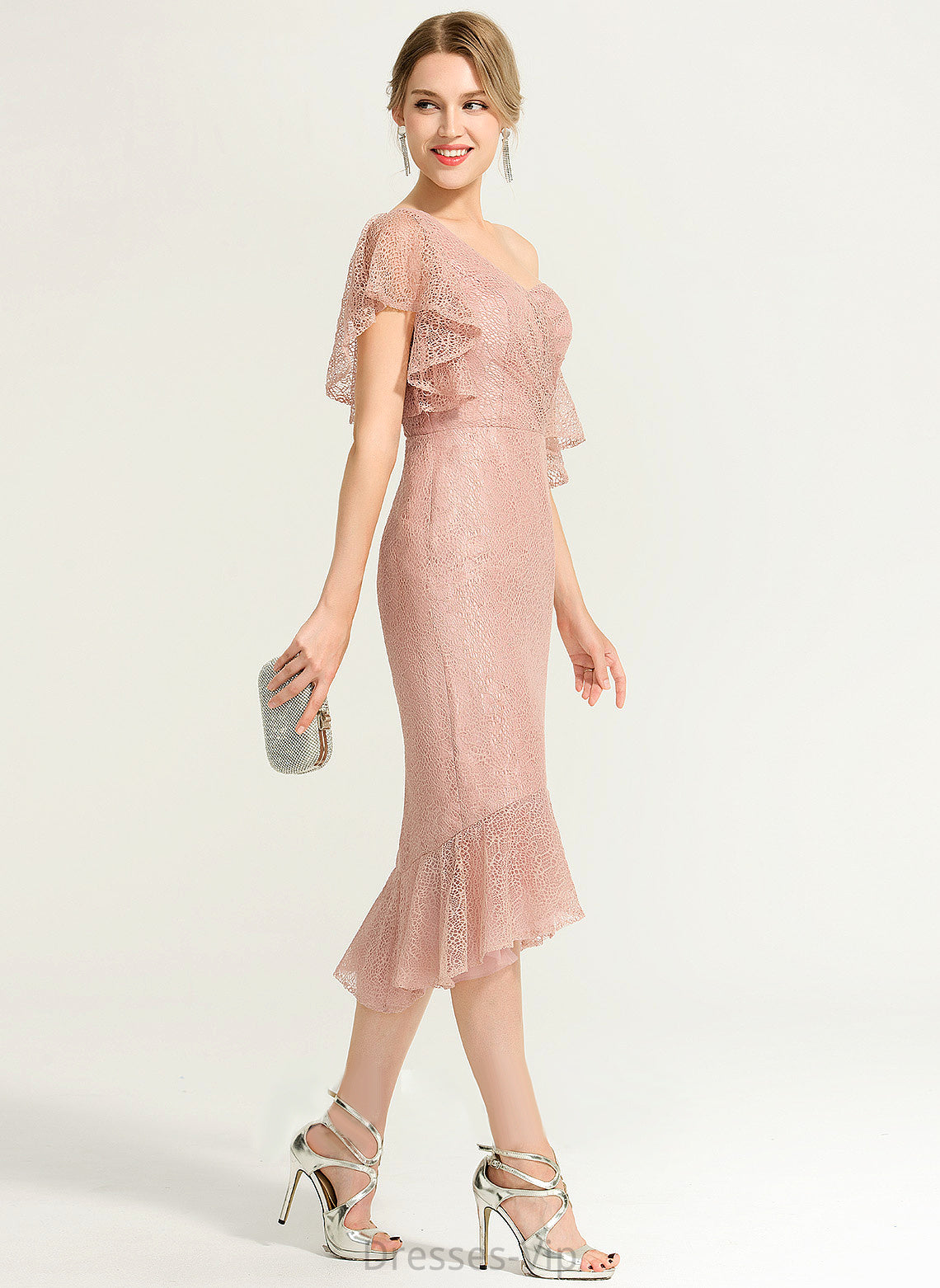 Cocktail One-Shoulder Trumpet/Mermaid Lace Cocktail Dresses Asymmetrical Dress Josie