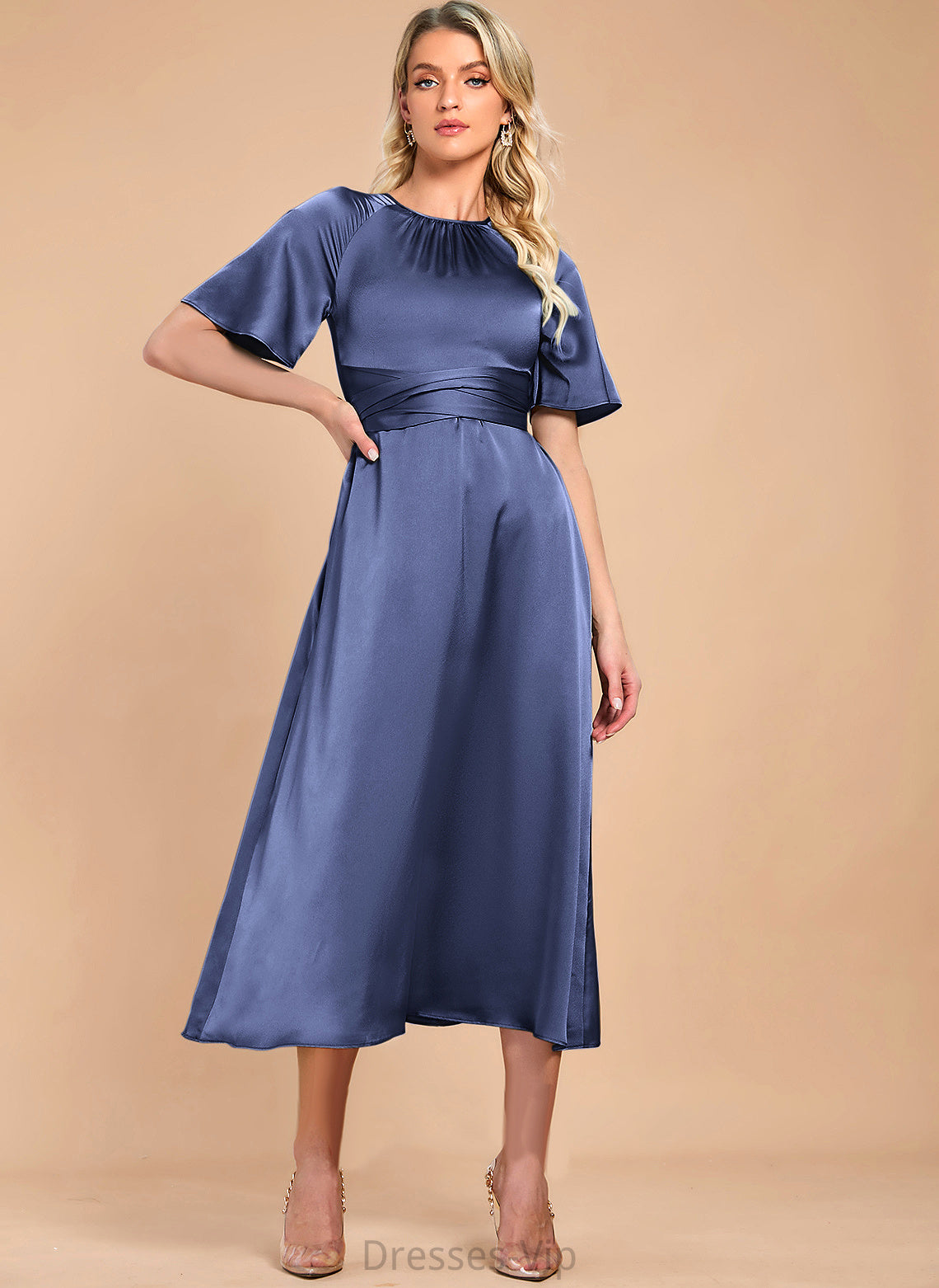 Jazlyn Cocktail Dresses Cocktail Tea-Length A-Line Satin Dress