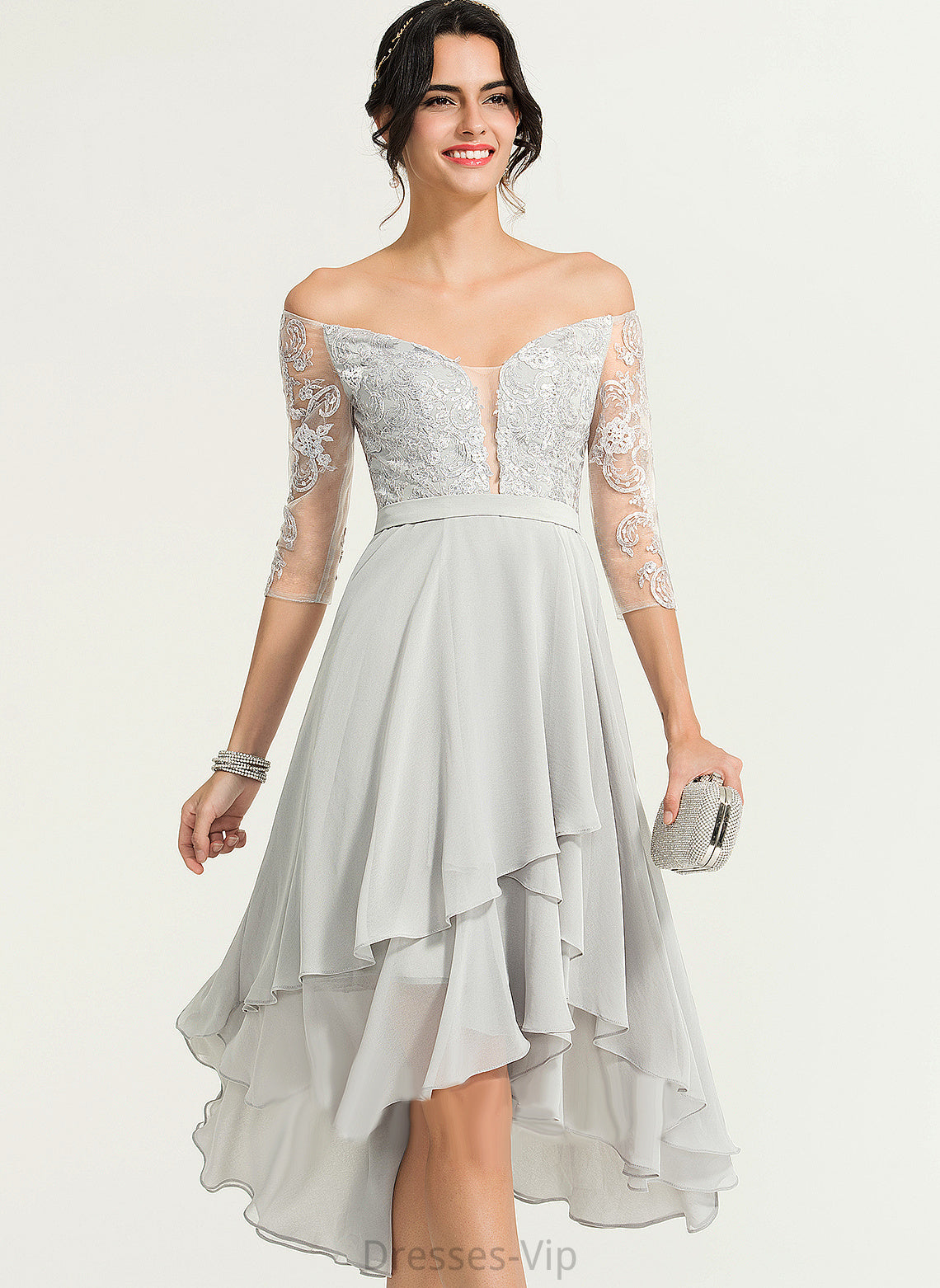 A-Line Cocktail Cocktail Dresses Beading Dress Chiffon With Lace Lindsay Asymmetrical Off-the-Shoulder