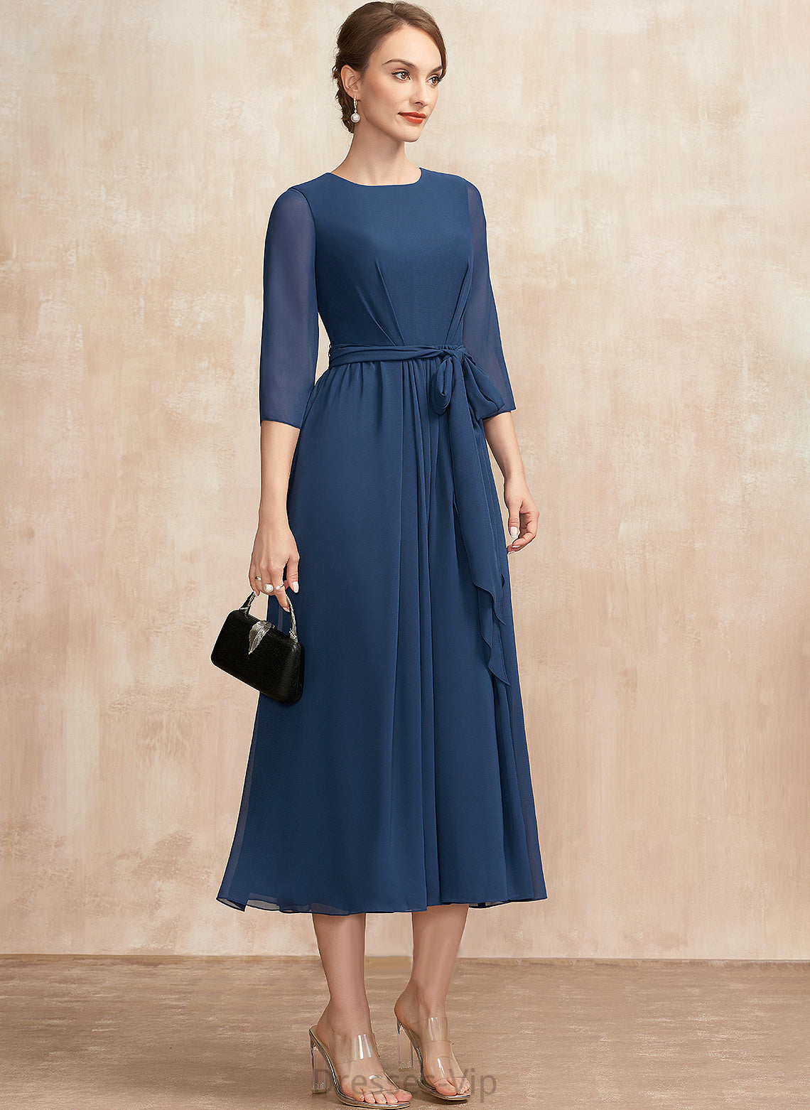 A-Line With Cocktail Neck Scoop Gia Tea-Length Chiffon Cocktail Dresses Bow(s) Ruffle Dress