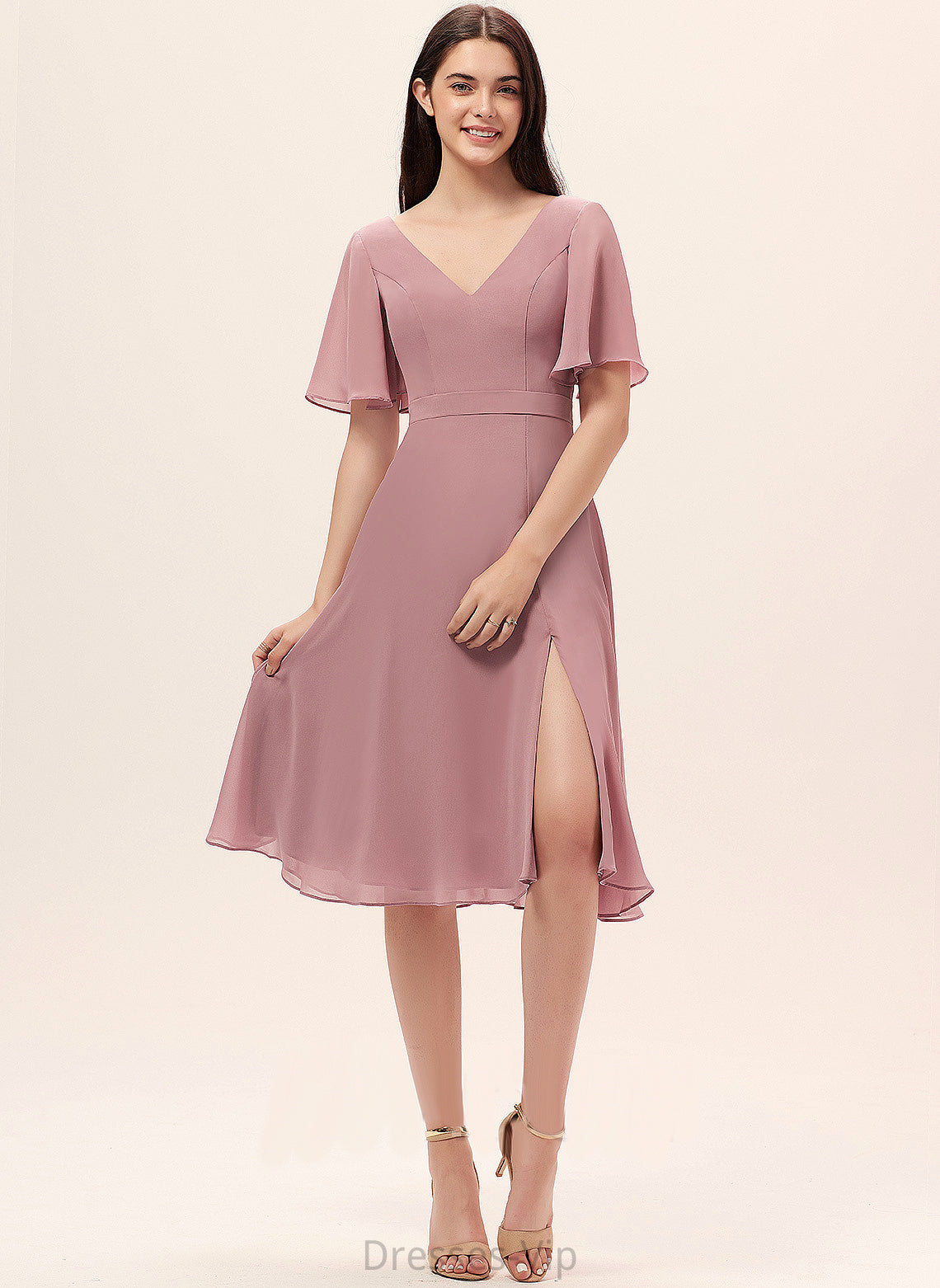 Chiffon Knee-Length With A-Line Dress Split V-neck Front Cocktail Cocktail Dresses Kaila