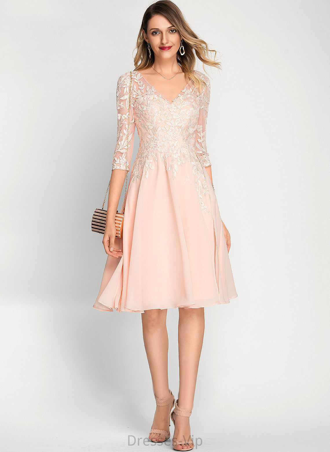 Rory Sequins With Chiffon Cocktail Dresses Cocktail A-Line V-neck Lace Dress Knee-Length