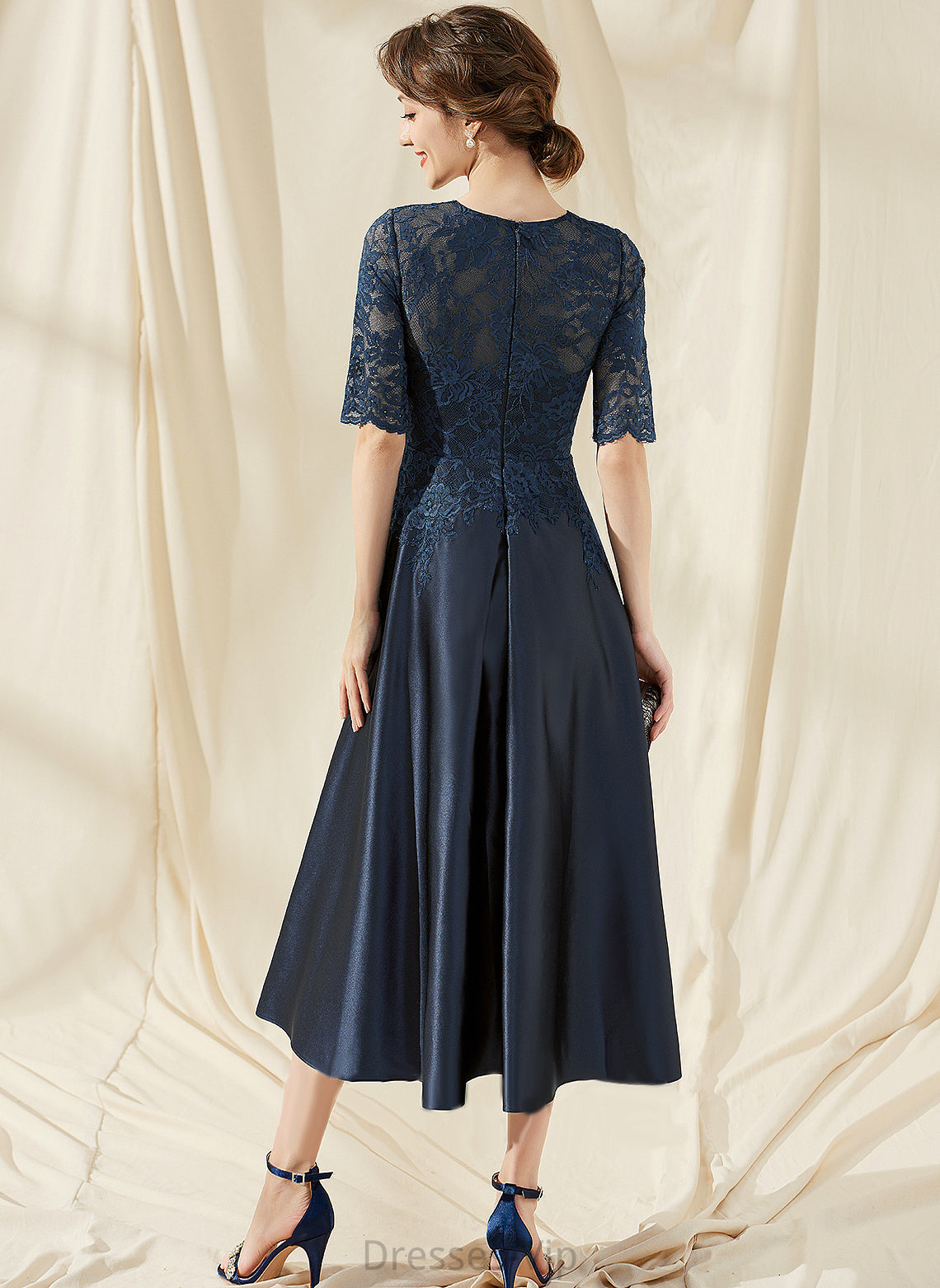 Cocktail Chana Lace Tea-Length Cocktail Dresses Scoop Neck Satin A-Line Dress