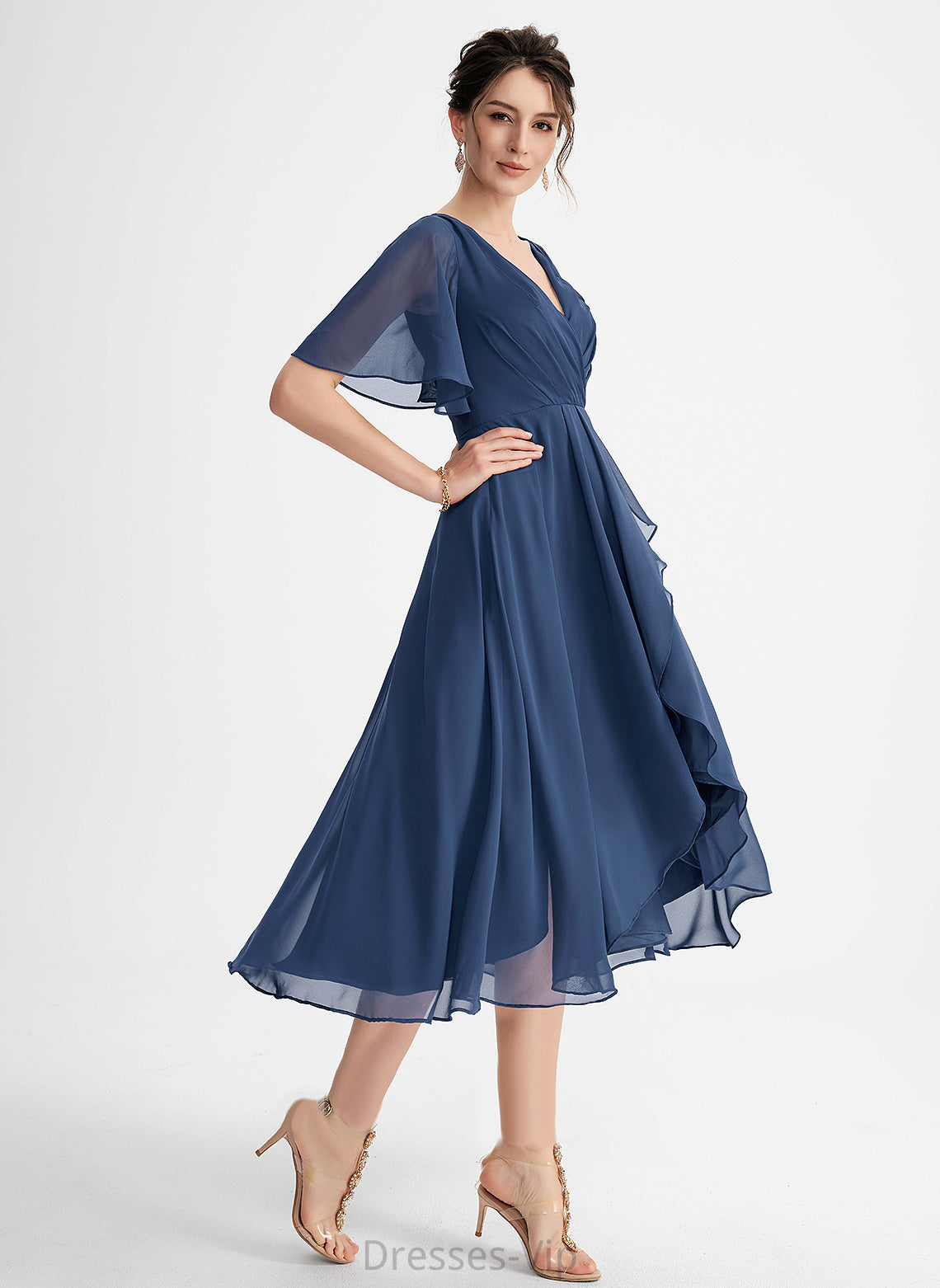 Ruffle A-Line V-neck Cocktail Chiffon With Dress Madeleine Asymmetrical Cocktail Dresses