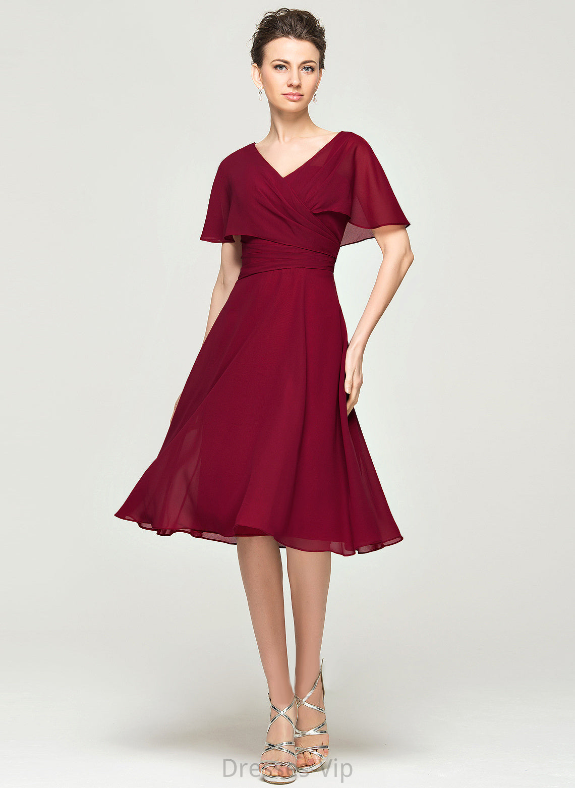 Cocktail Dresses With Knee-Length Gretchen Cocktail Dress A-Line Chiffon V-neck Ruffle