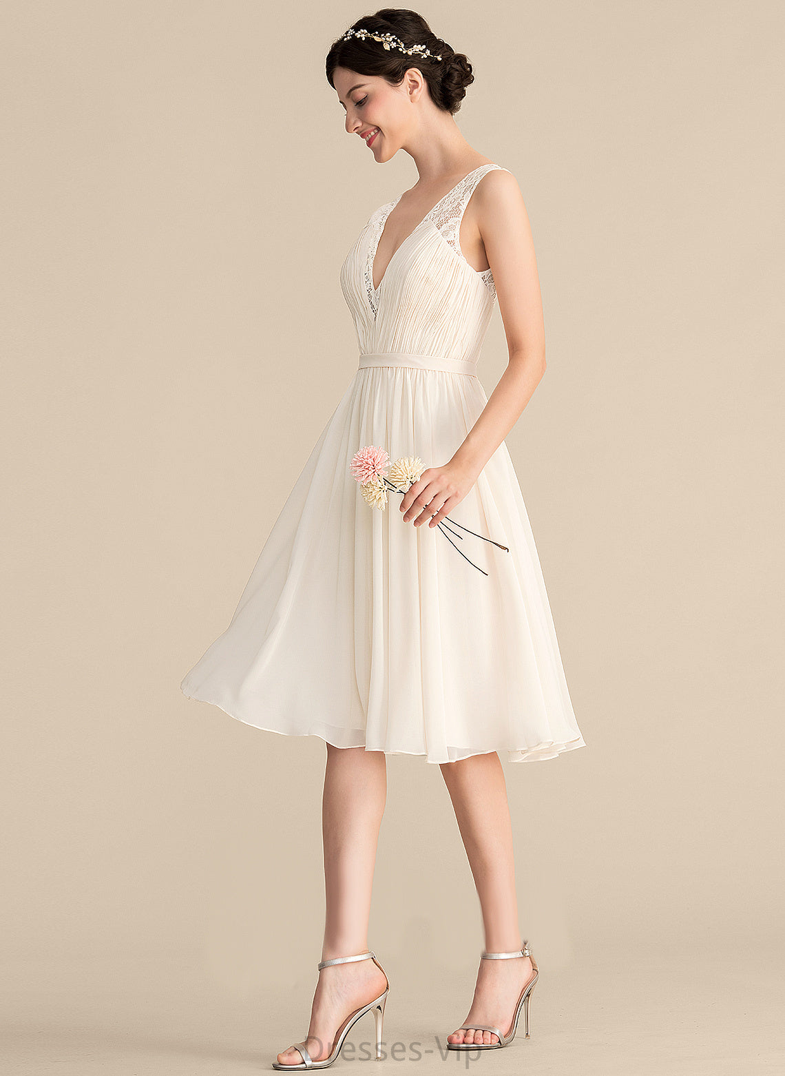 A-Line Ruffle Lace Dress Cocktail With Marian Knee-Length V-neck Cocktail Dresses Chiffon