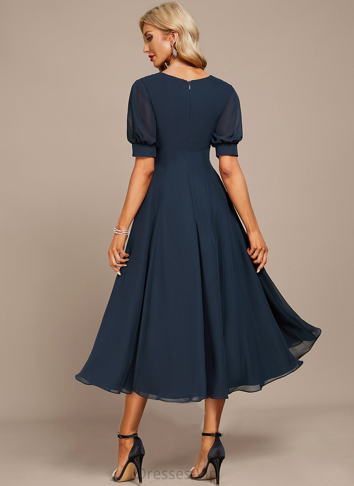 A-Line Mavis V-neck Cocktail Ruffle Tea-Length Chiffon With Cocktail Dresses Dress