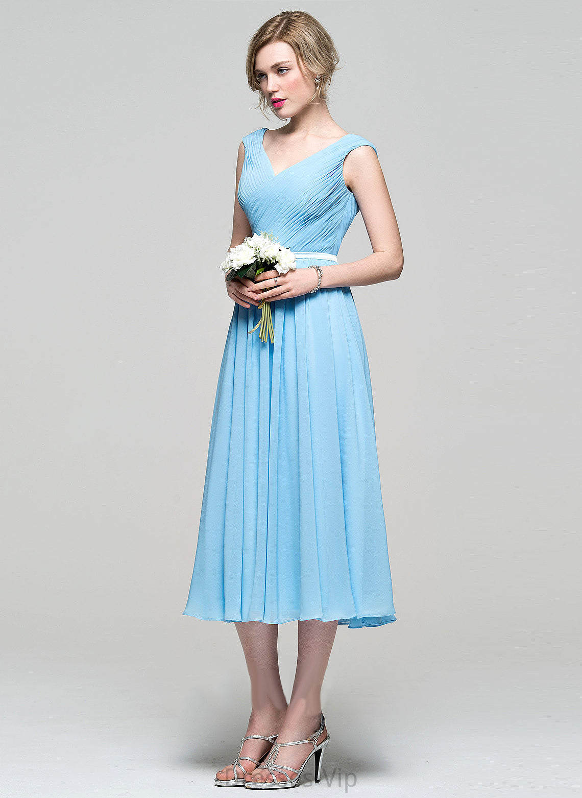 Ruffle Cocktail Dresses Charmeuse With A-Line Tea-Length Dress V-neck Cocktail Mabel Chiffon