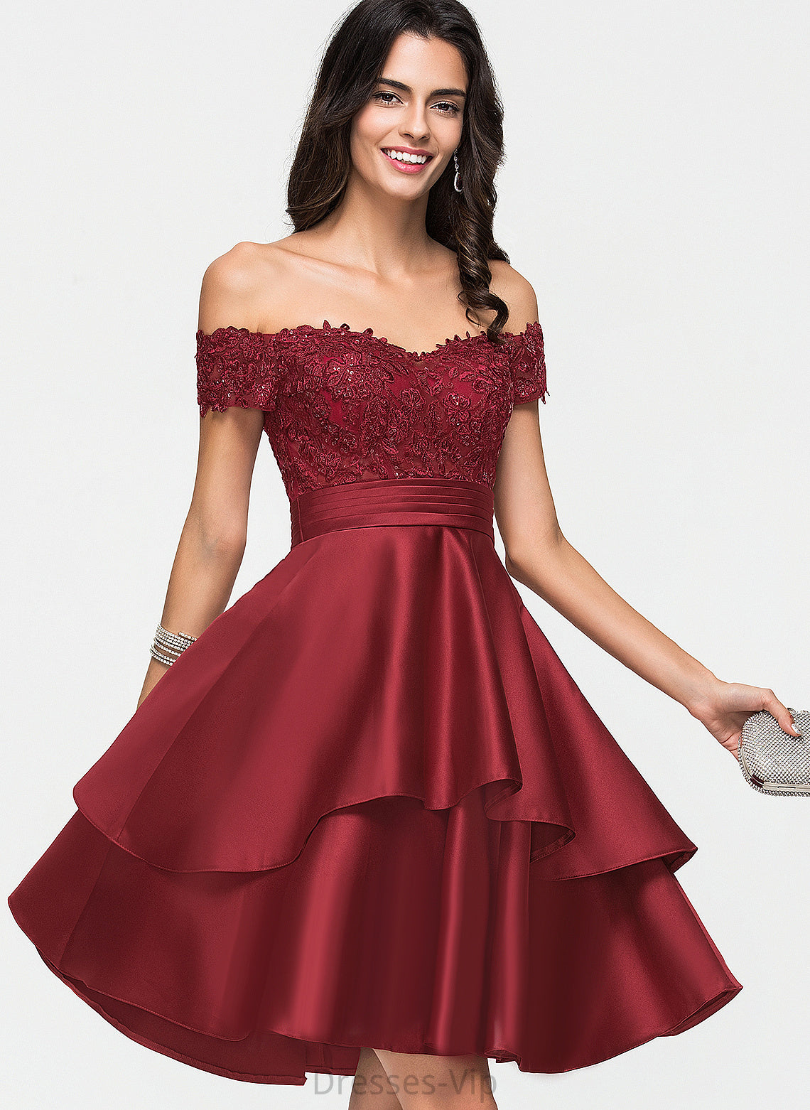 Ivy With Knee-Length Sequins A-Line Satin Cocktail Lace Off-the-Shoulder Dress Cocktail Dresses