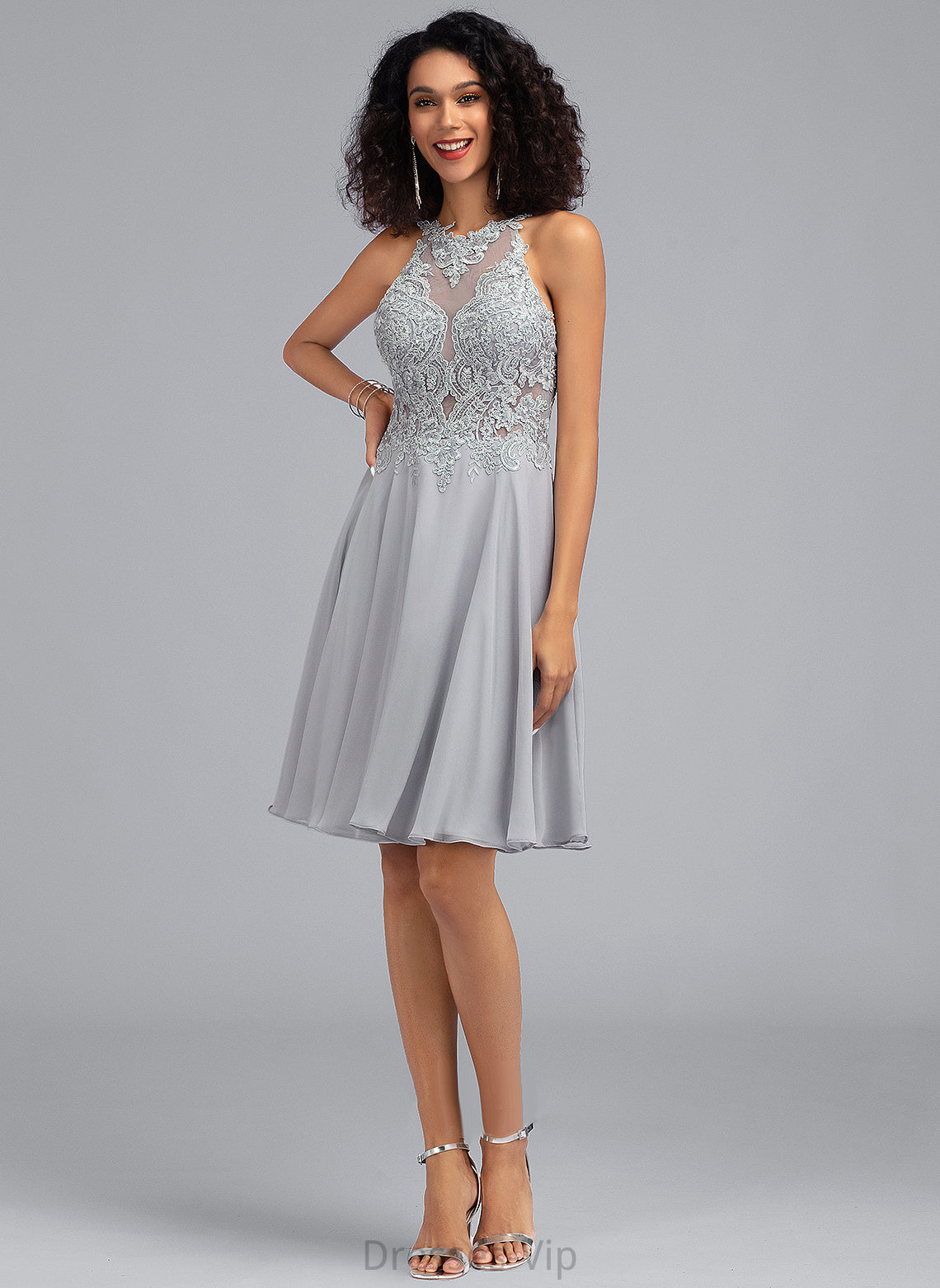 A-Line Lace Neck Sequins Cocktail Dresses With Millie Scoop Knee-Length Dress Cocktail Chiffon