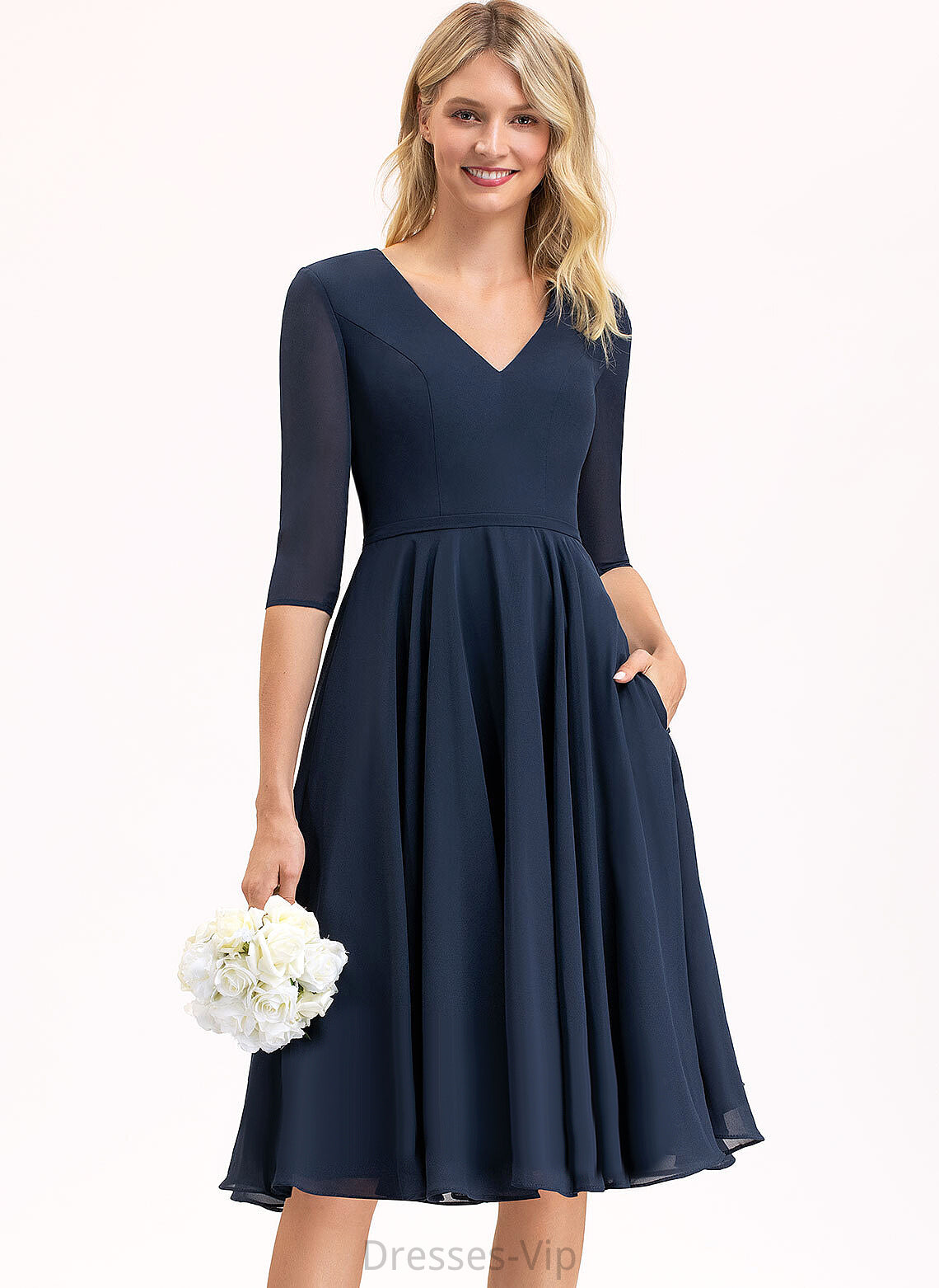 Cocktail Belinda Knee-Length With Dress Pockets Chiffon Cocktail Dresses A-Line V-neck