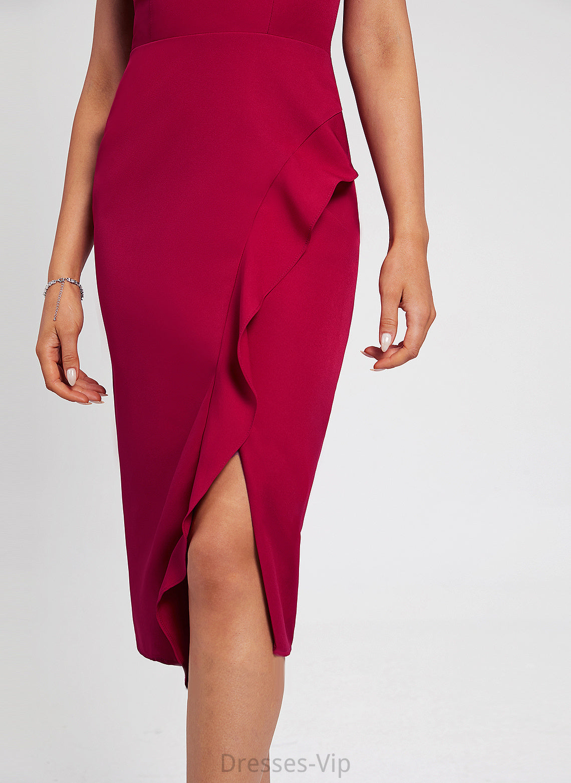 Crepe Bodycon Ruffle V-neck Dress Knee-Length Cocktail Club Dresses Polly Stretch Front With Split