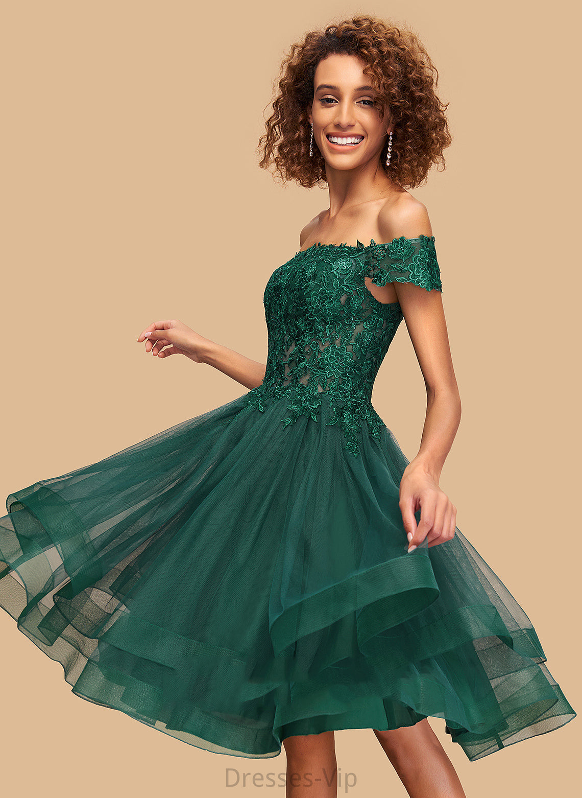 Homecoming Dresses Clarissa Off-the-Shoulder Knee-Length With Lace Tulle Dress Homecoming A-Line