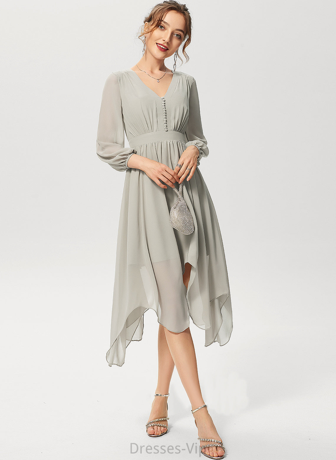 Juliana Cocktail Chiffon With Asymmetrical Cocktail Dresses Ruffle V-neck Dress A-Line