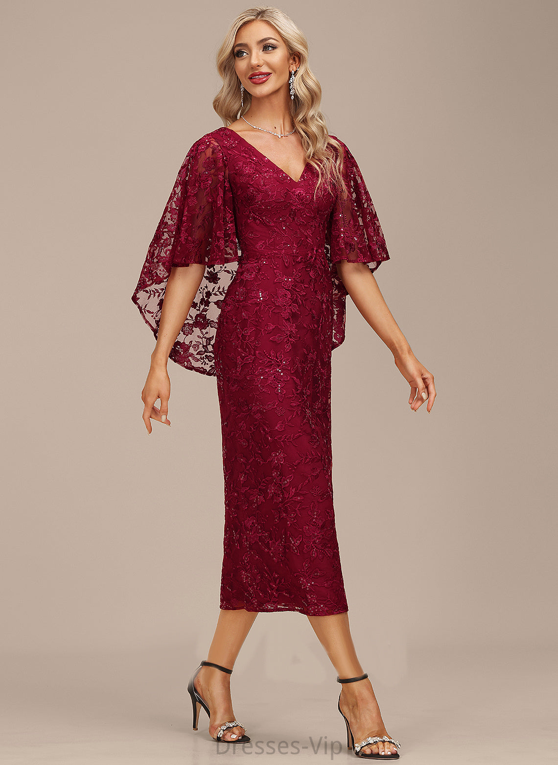 Dress V-neck Sheath/Column Lace With Cocktail Cocktail Dresses Cecilia Tea-Length Sequins