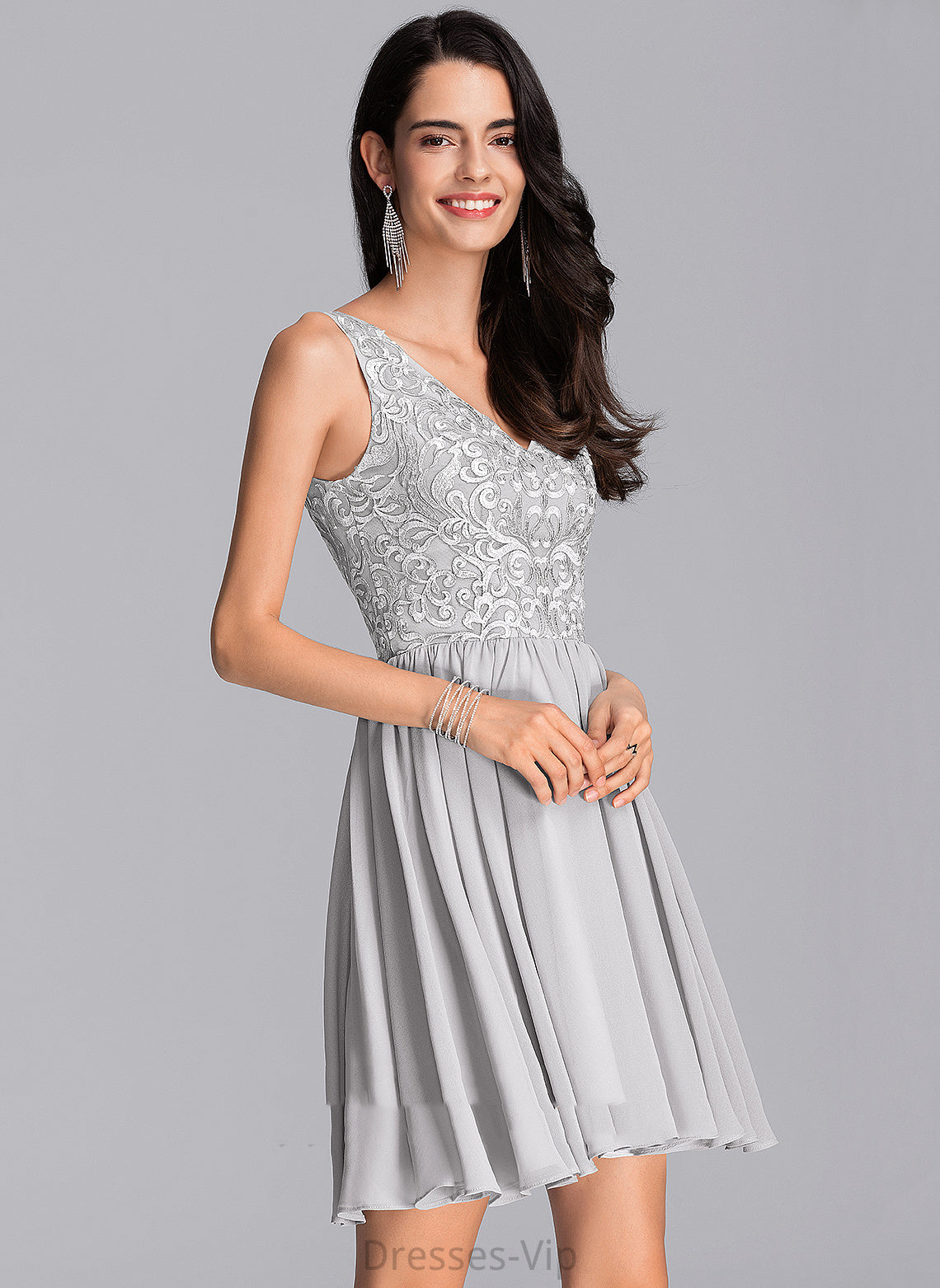 Chiffon Short/Mini A-Line Dress With Lace Kiera Homecoming Dresses Homecoming V-neck Sequins