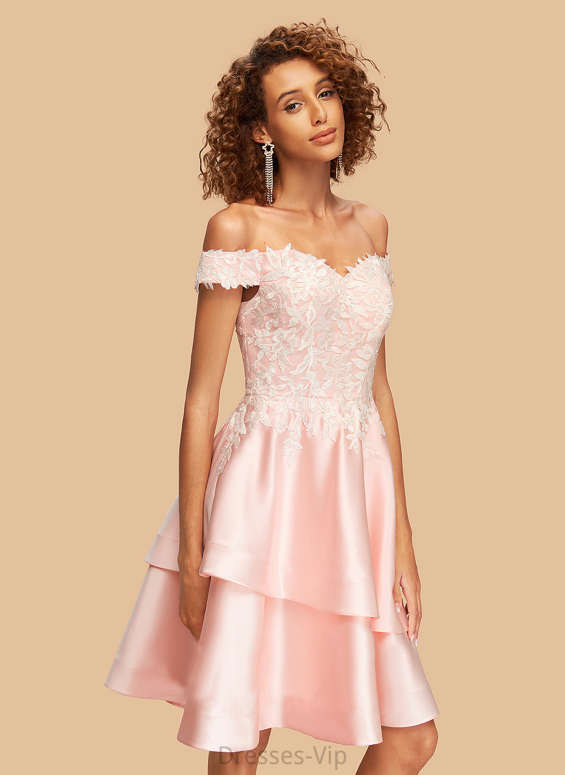 Off-the-Shoulder Satin Lace Sequins Homecoming Annalise Knee-Length Homecoming Dresses A-Line Dress With