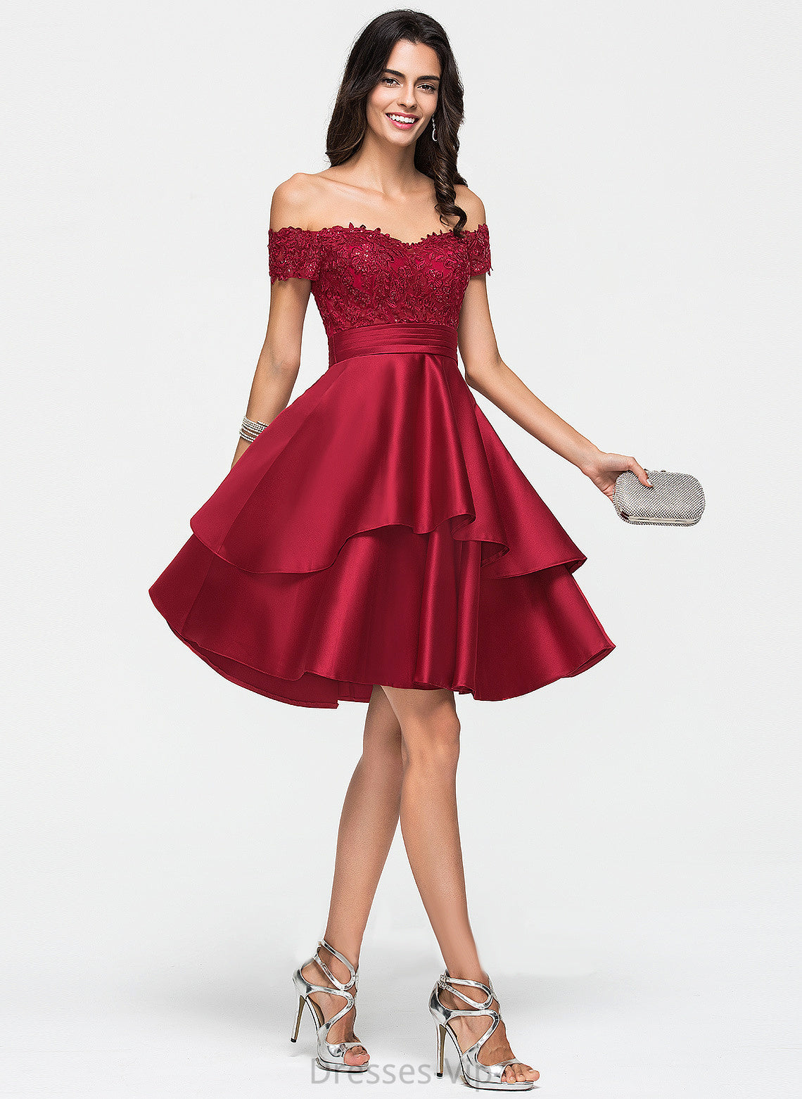 Knee-Length Satin A-Line Lace Homecoming With Mckenzie Homecoming Dresses Sequins Off-the-Shoulder Dress