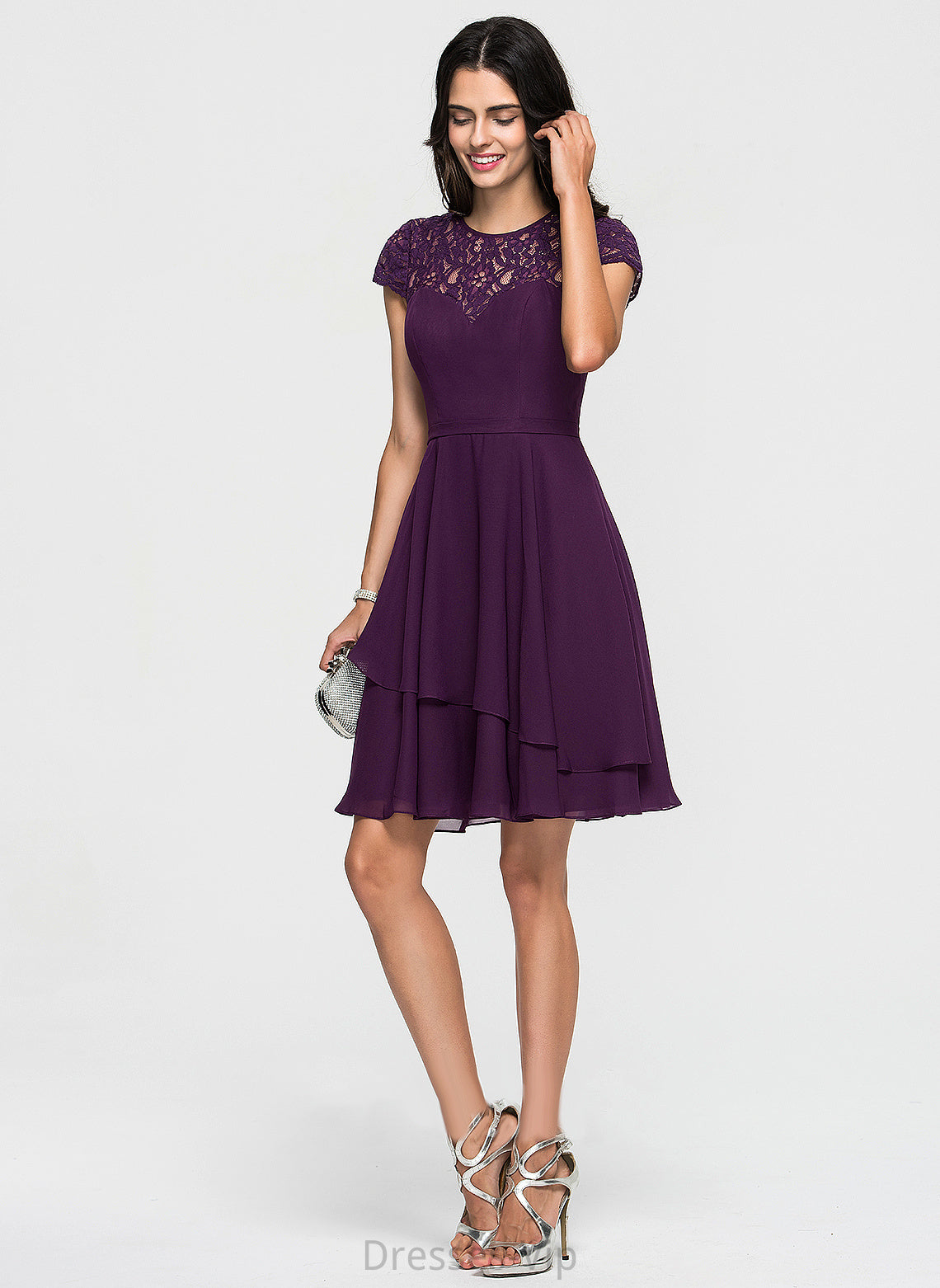 A-Line Homecoming Ruffles Homecoming Dresses Dress With Lace Scoop Knee-Length Neck Cascading Chiffon Pearl