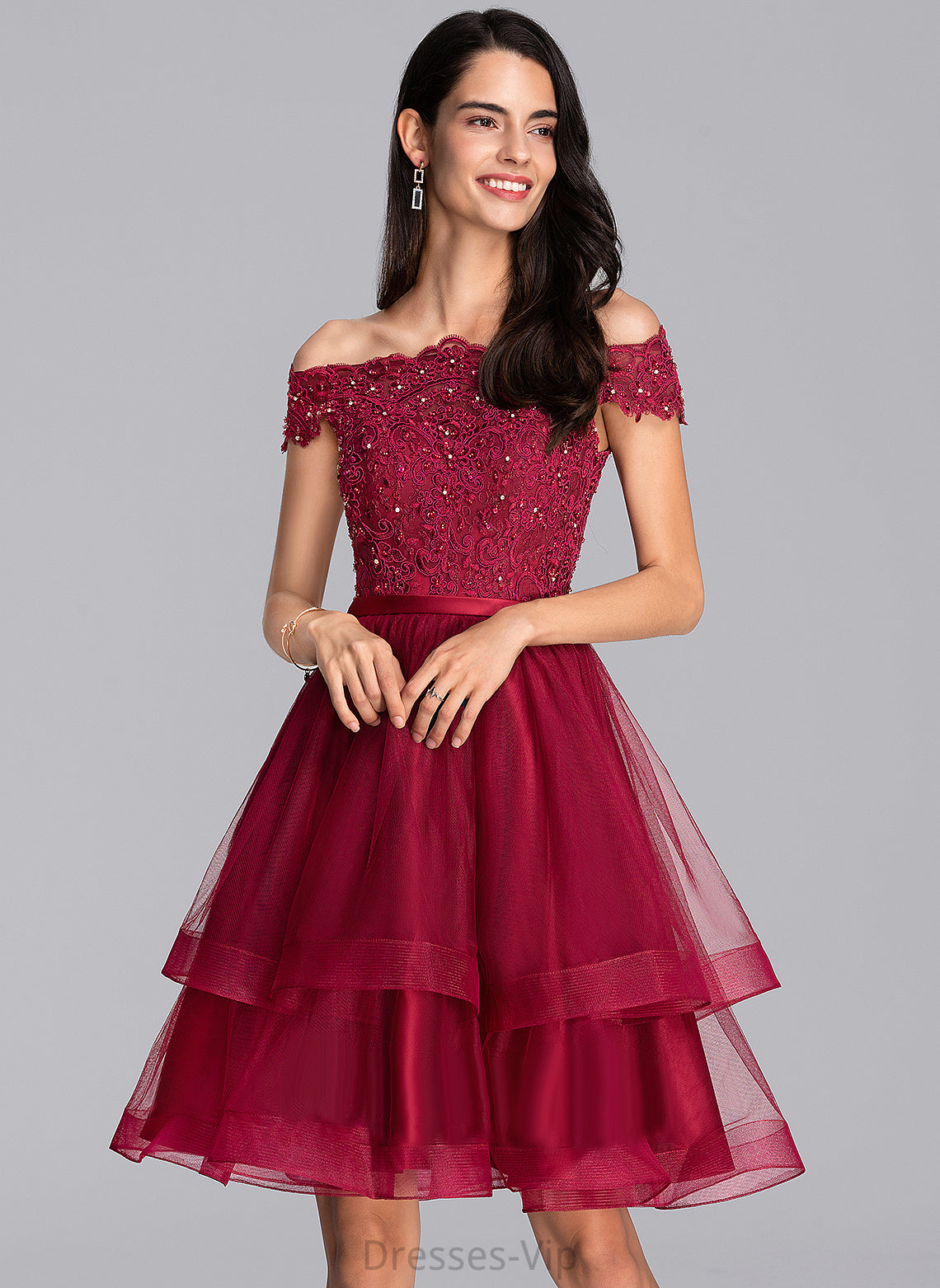 Off-the-Shoulder A-Line Dress Danna Beading Homecoming Dresses Knee-Length Tulle With Lace Sequins Homecoming