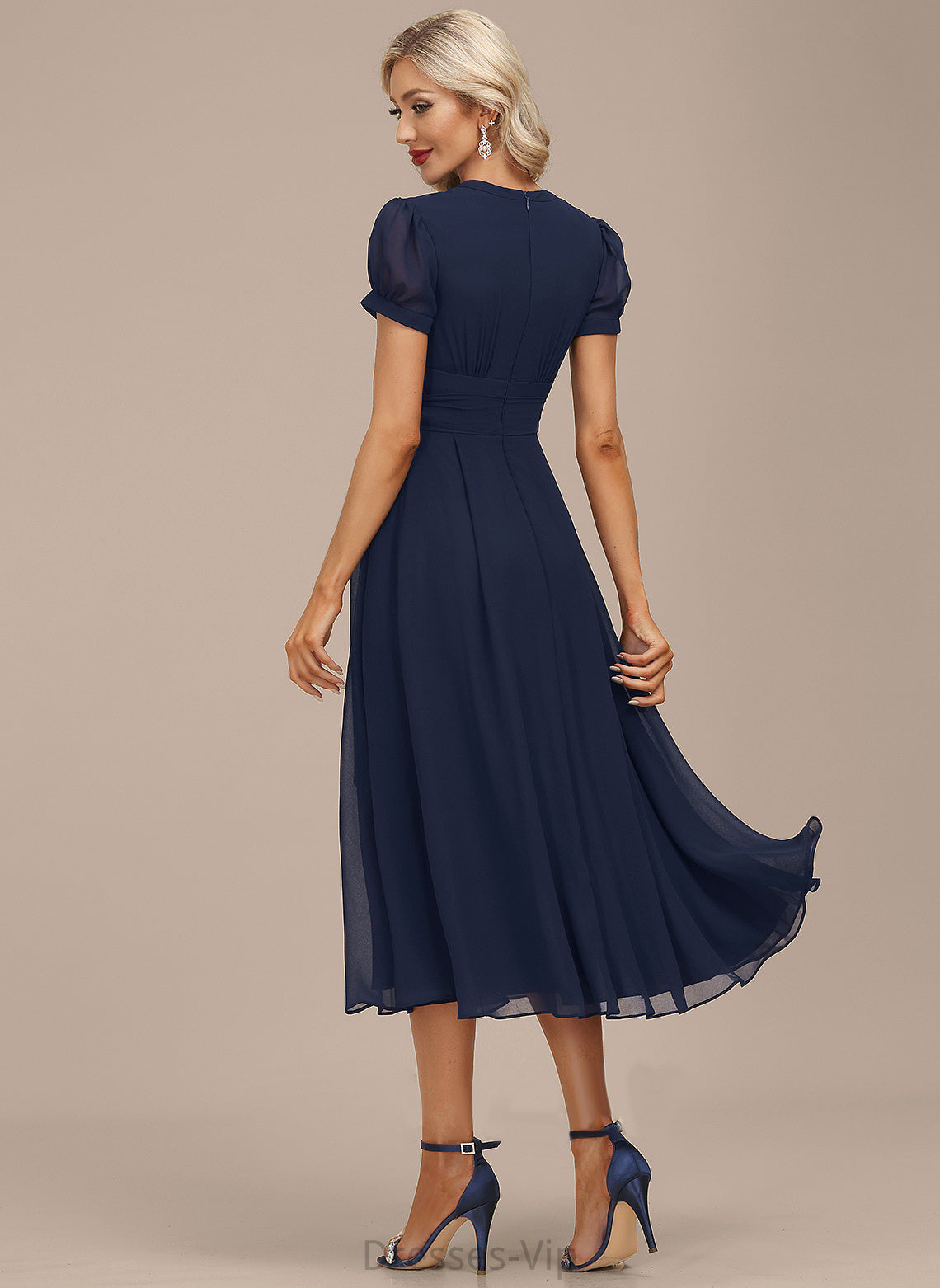 Scoop Cocktail Dresses Ruffle Tea-Length Ashlynn Cocktail Chiffon A-Line Dress With Neck