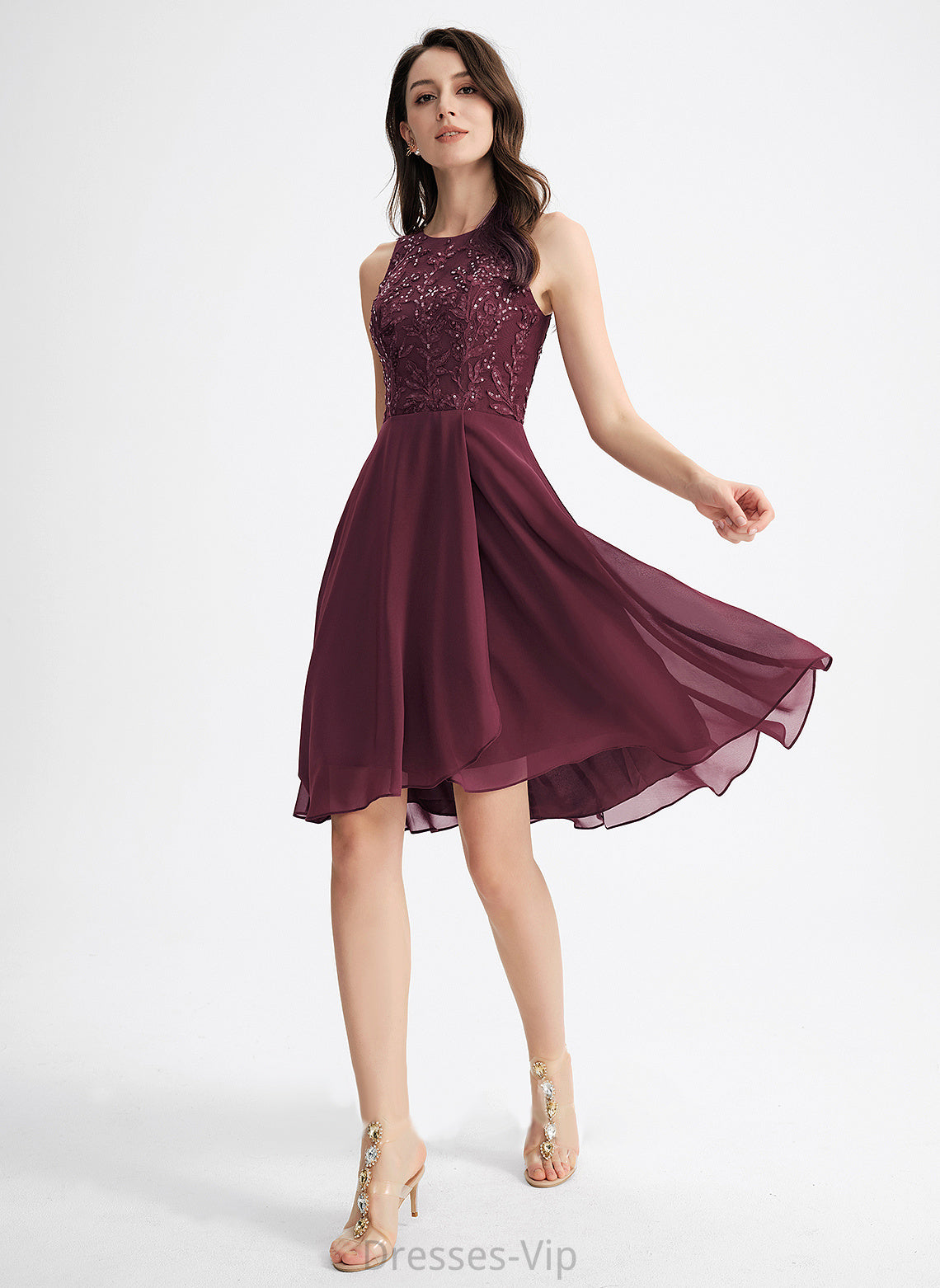 Cocktail Dresses Neck With Scoop Chiffon Lace Dress A-Line Sequins Asymmetrical Cocktail Rylie