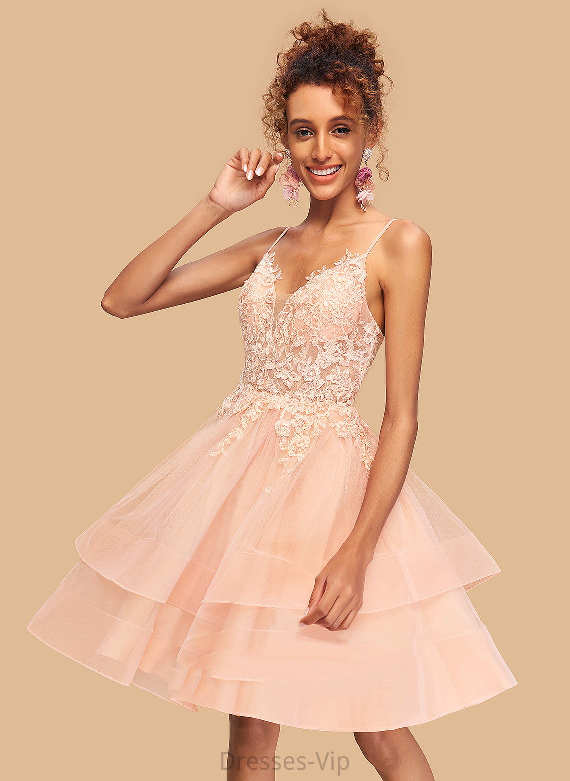 Homecoming Lace V-neck Short/Mini A-Line Homecoming Dresses Emilia Tulle With Dress