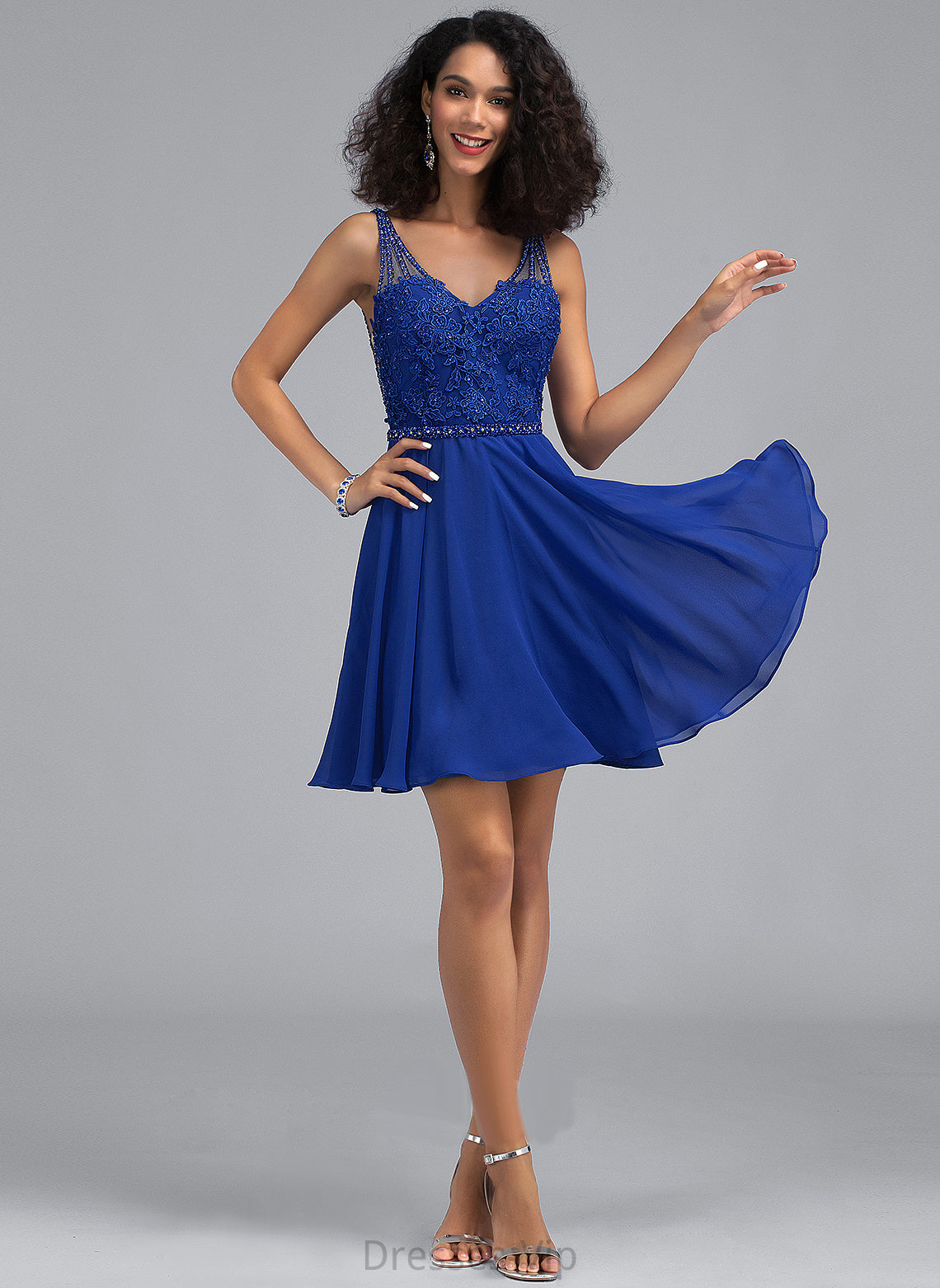 V-neck Chiffon Catalina Short/Mini Beading A-Line Homecoming Homecoming Dresses Lace Dress With